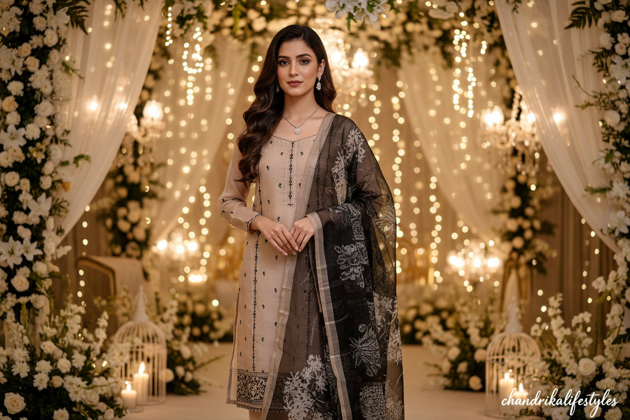 English Tone Organza Suit Material with Digital Floral Print & Black Contrast Dupatta – Smoky Rose Mist