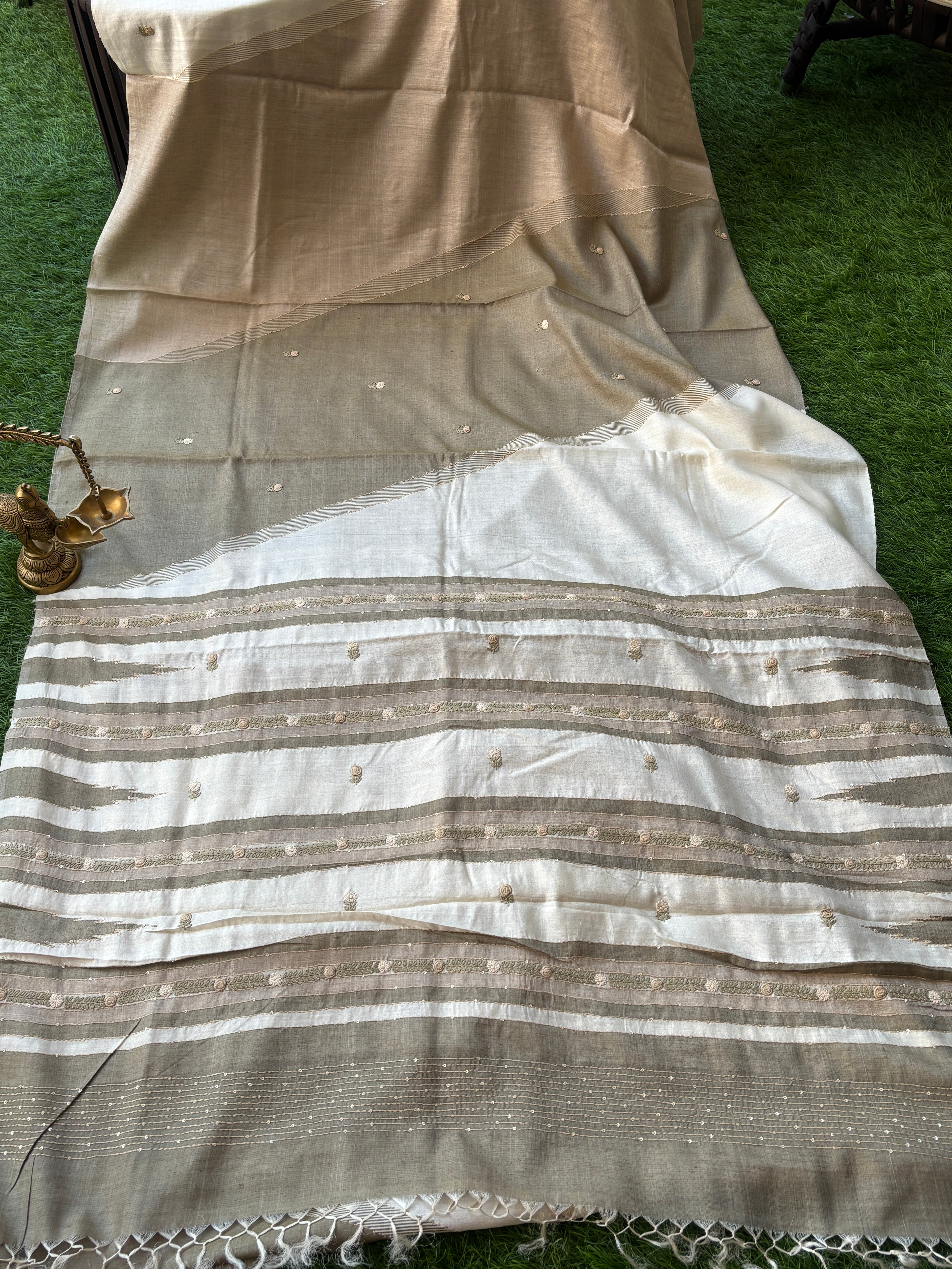 Beige & Brown Pure Tussar Silk Saree with Designer Hand Embroidery (Ghanta Taka) | Chandrika Lifestyles