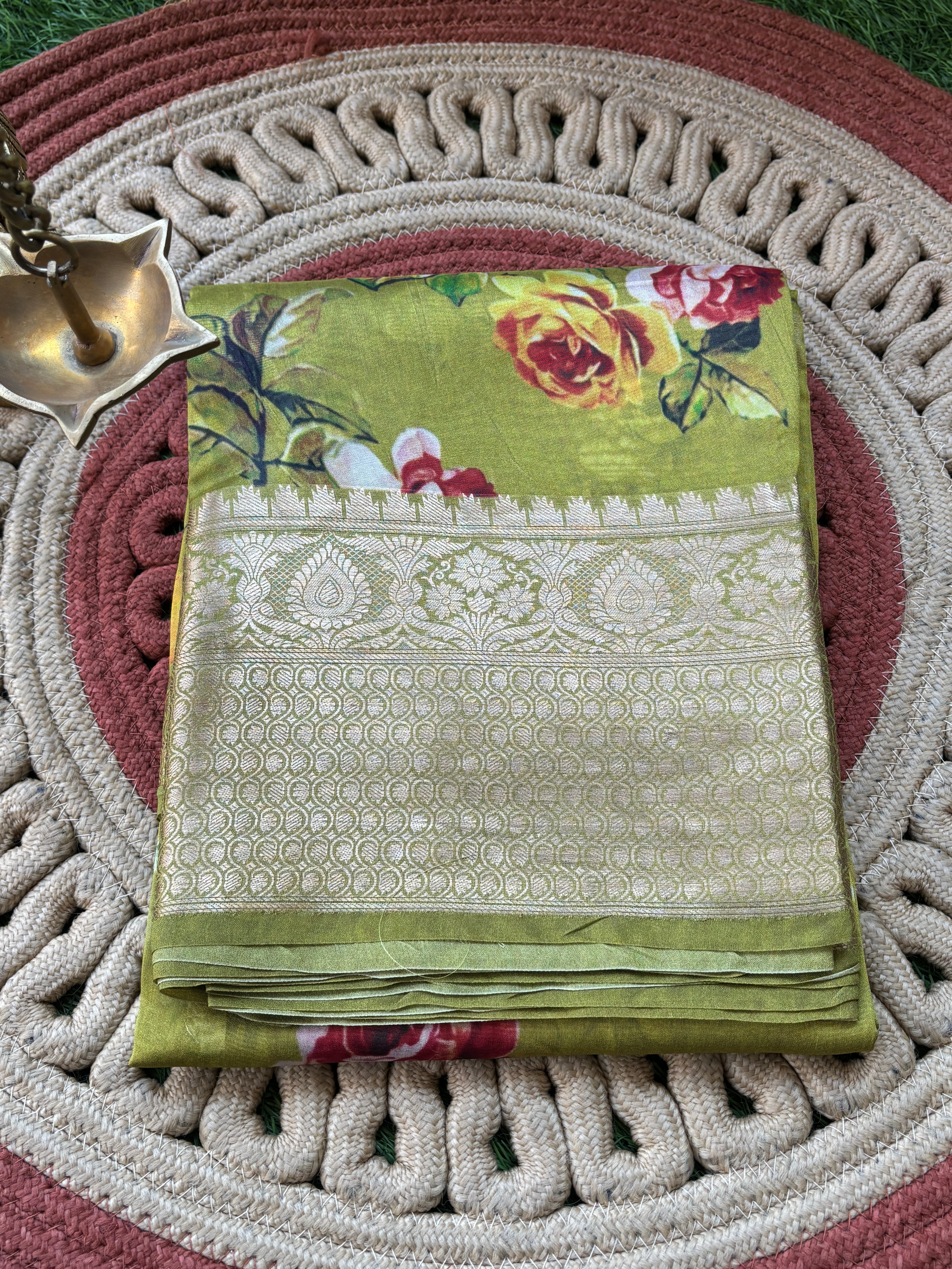 Pista Green Pure Georgette Saree with Broad Zari Woven Border & Digital Print