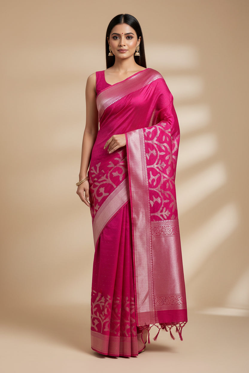 Pink Bengal Handloom Cotton Saree with Jamdani Pallu