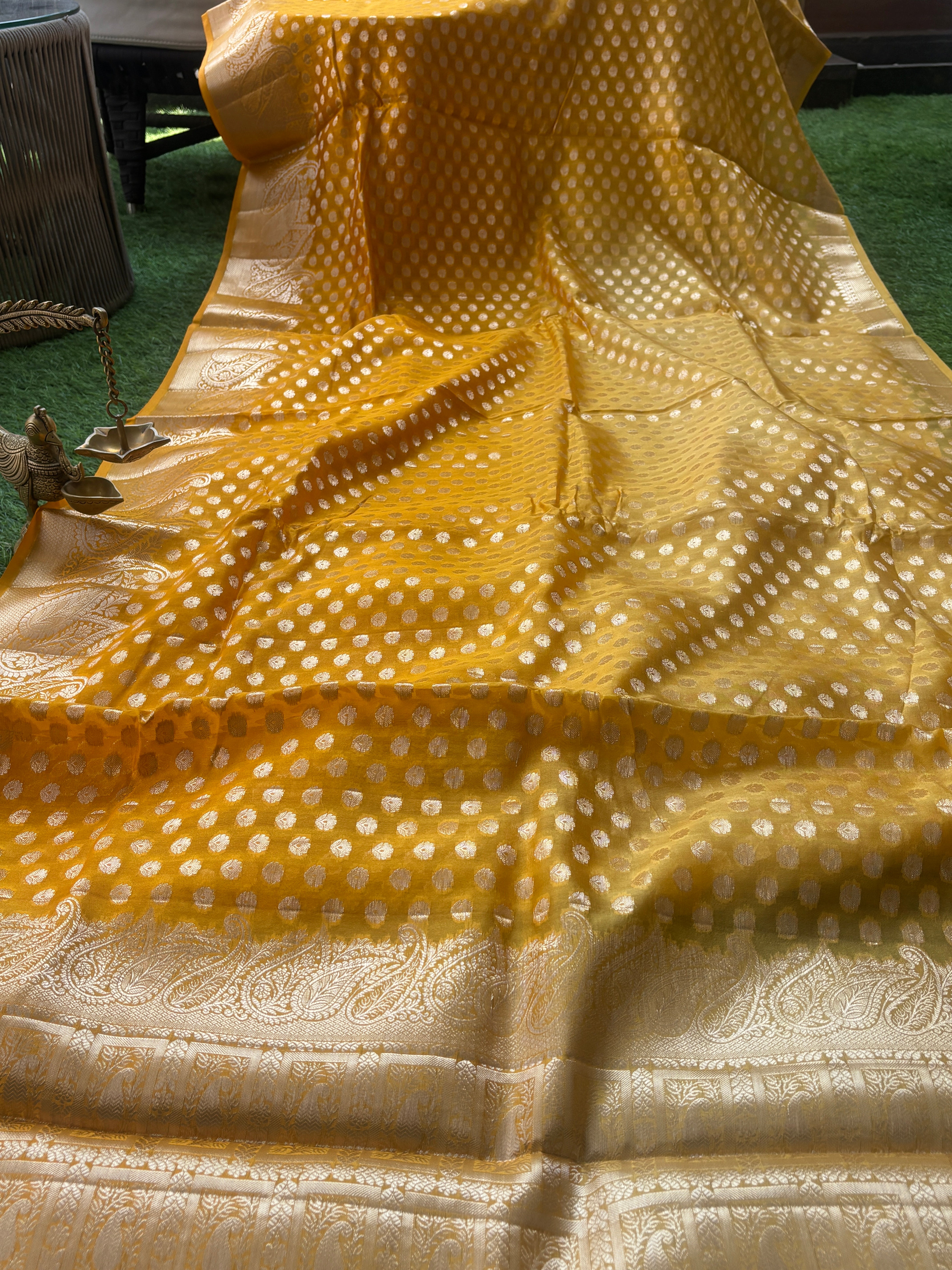 Mango Yellow Pure Dupion Silk Saree with Allover Zari Butta & Zari Border | Chandrika Lifestyles