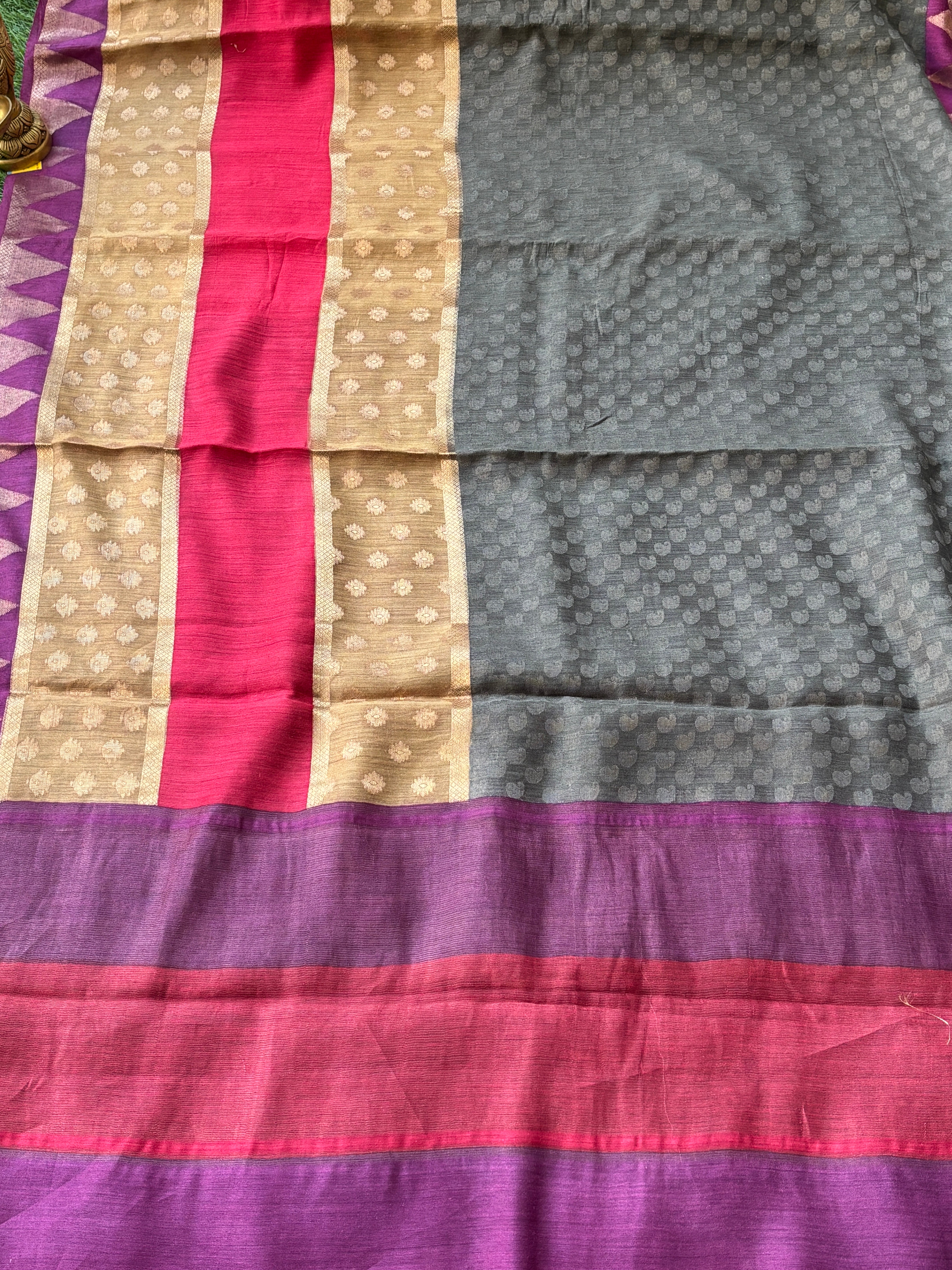 Pure Munga Silk Saree in Grey, Red & Purple with All-Over Weaving and Zari Woven Pallu