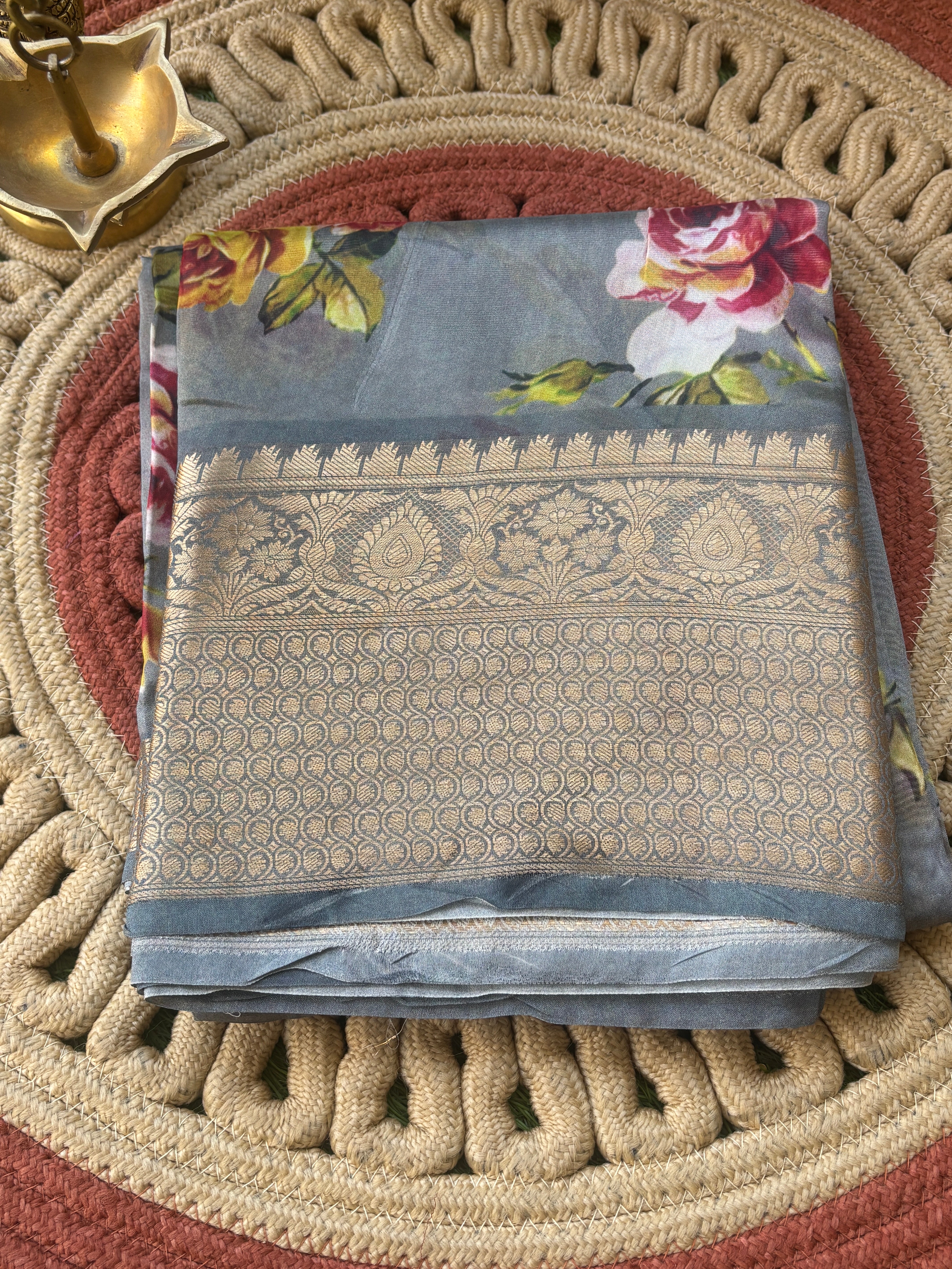 Pure Georgette Banarasi Saree with Broad Zari Border & Grey Floral Digital Print