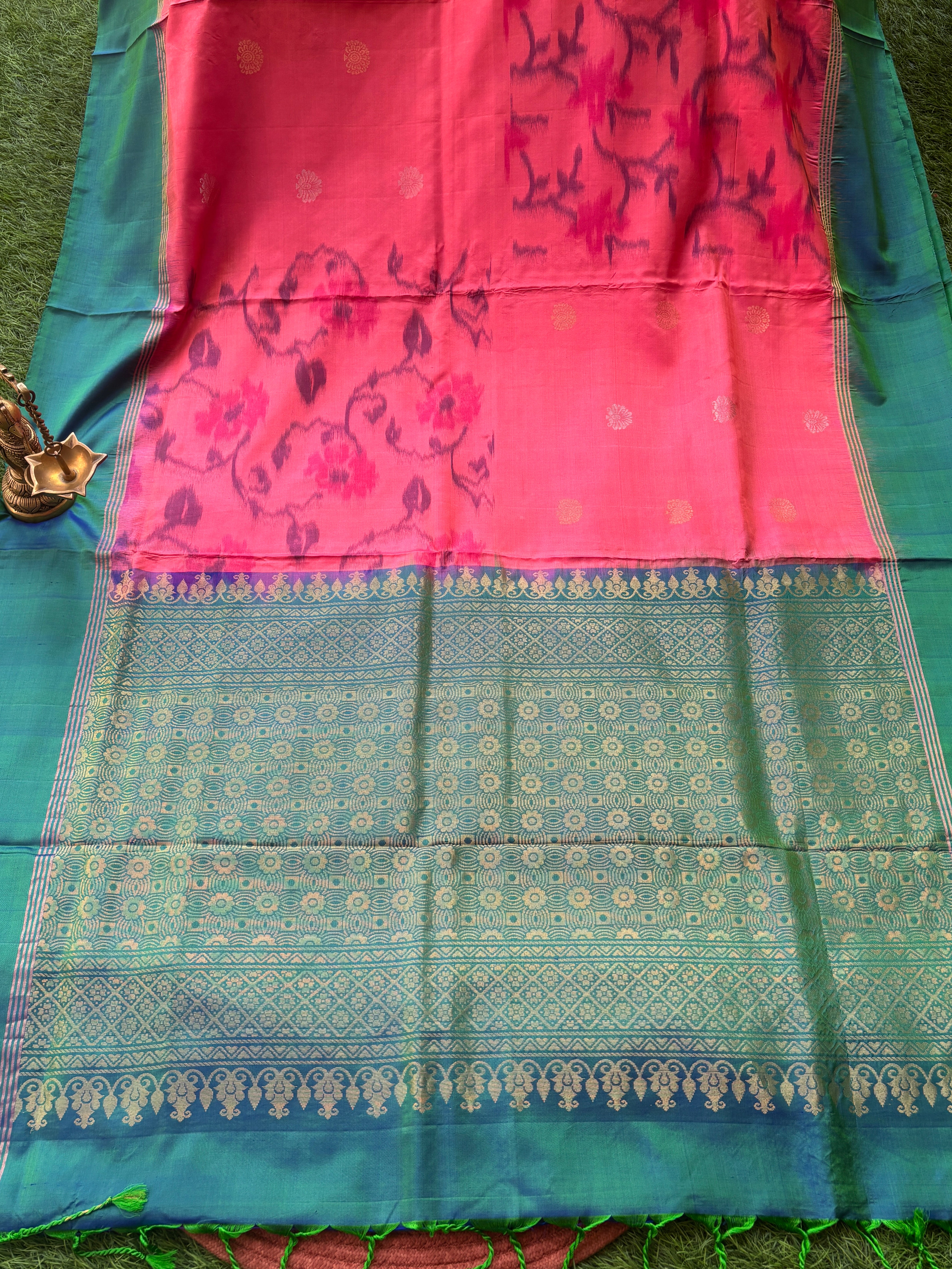 Pure Silk Peach Pink Saree with Zari Bootas, Green Border and Ikat Pallu