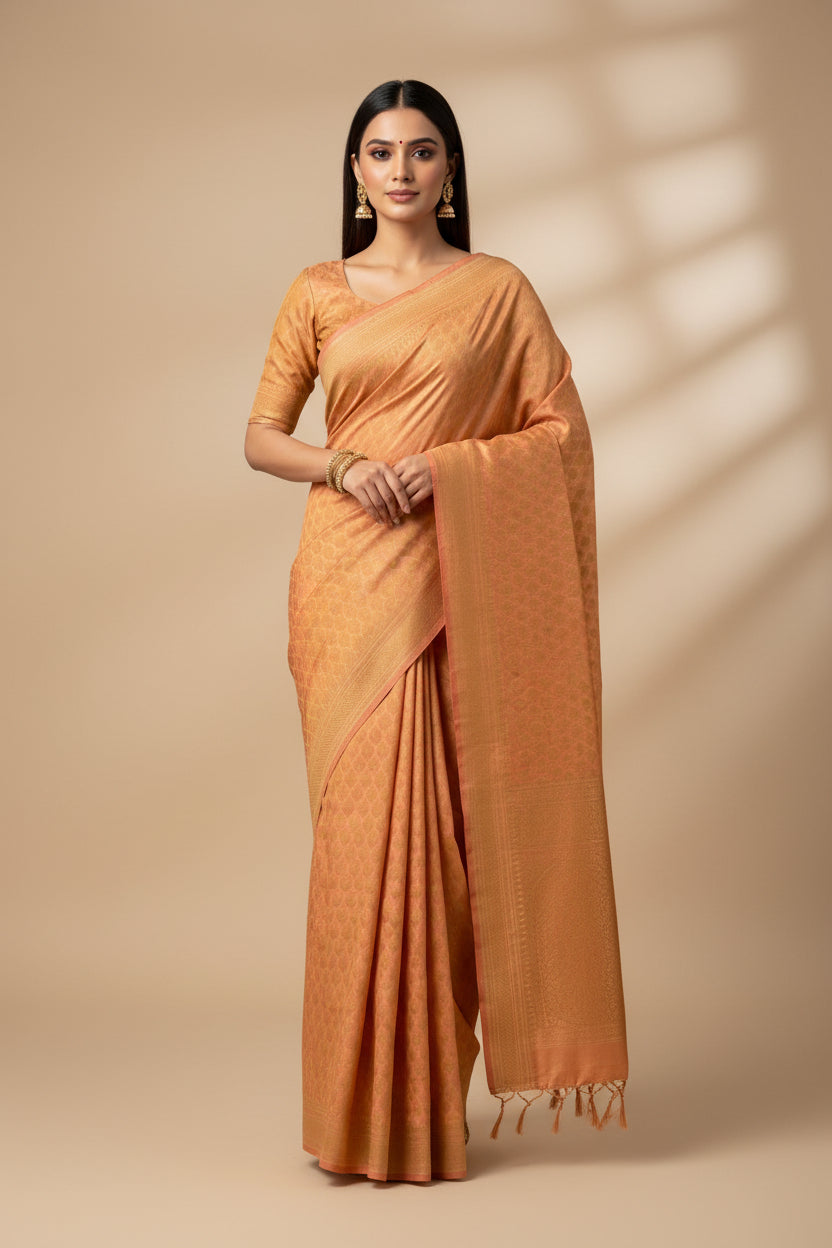 Peach Banarasi Pure khaddi Chiffon Saree with Resham Weaving Border and Buttas