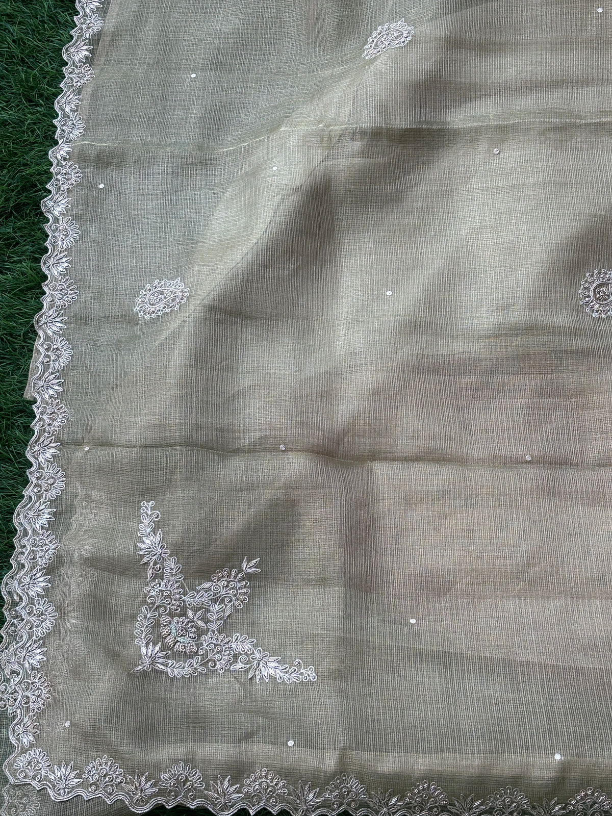 Pure Tissue Kota Silk Saree in Pista Green with Zardozi Work &