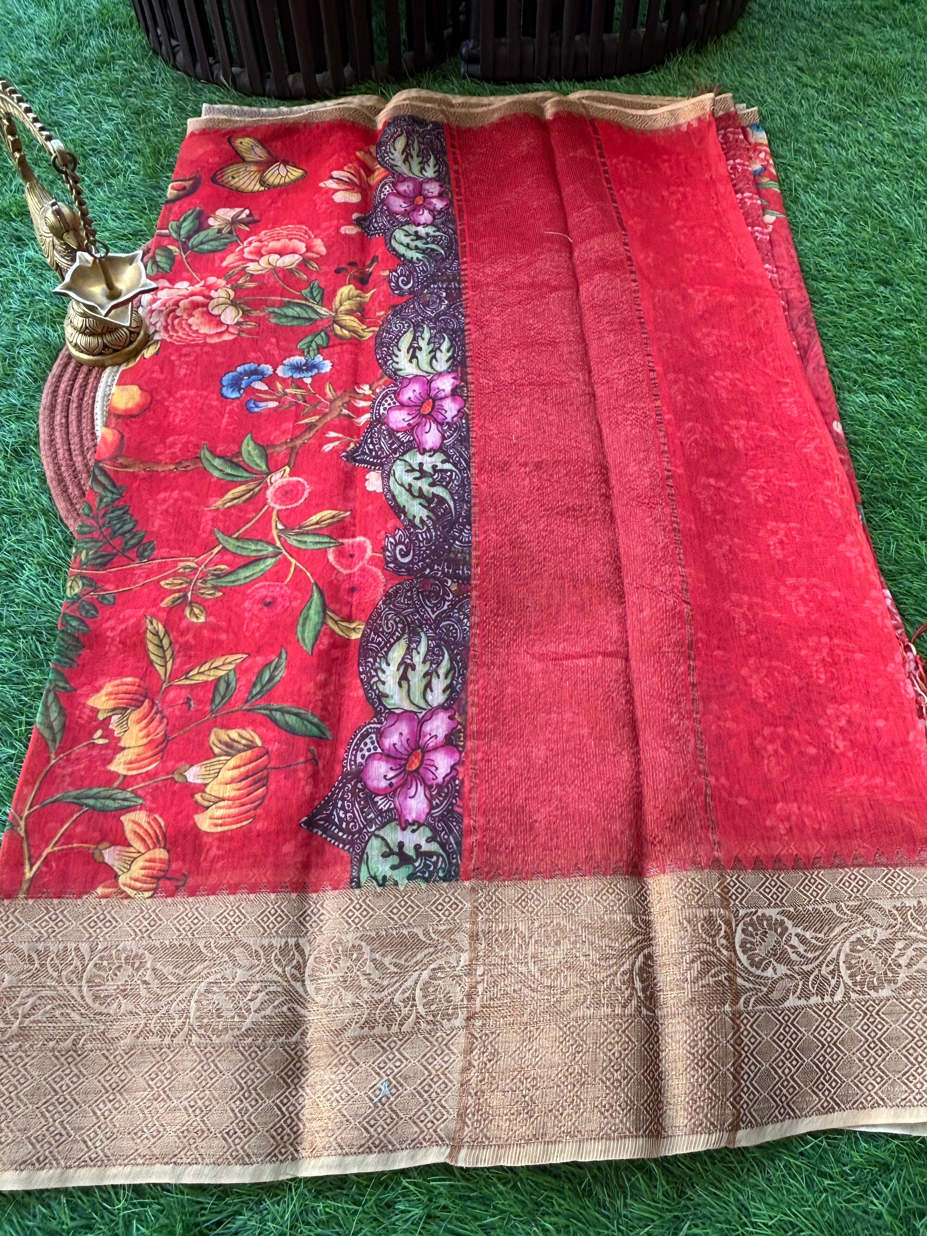 Chandrika Lifestyles | Red Banarasi Mercerized Cotton Saree – Digital Print with Antra Border