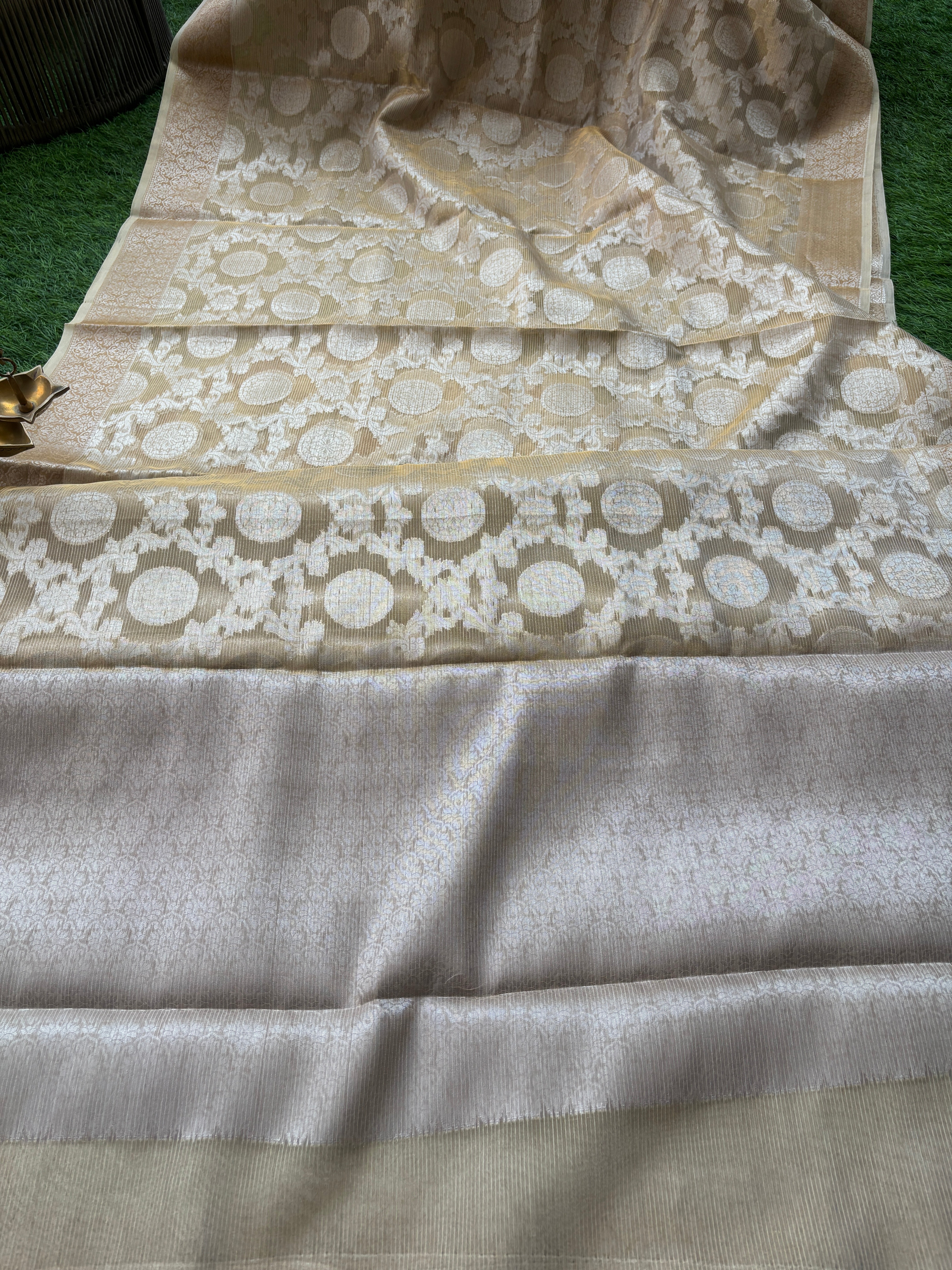 Beige Pure Banarasi Cotton Saree with Allover Jaal Silver Zari Work | Chandrika Lifestyles