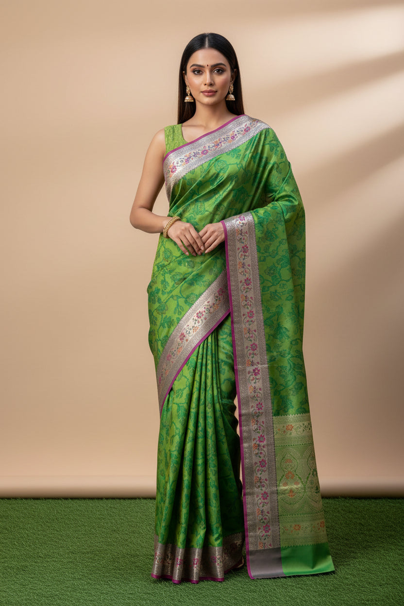 Green Art Silk Ikkat Printed Saree with Banarasi pink Border & green Blouse