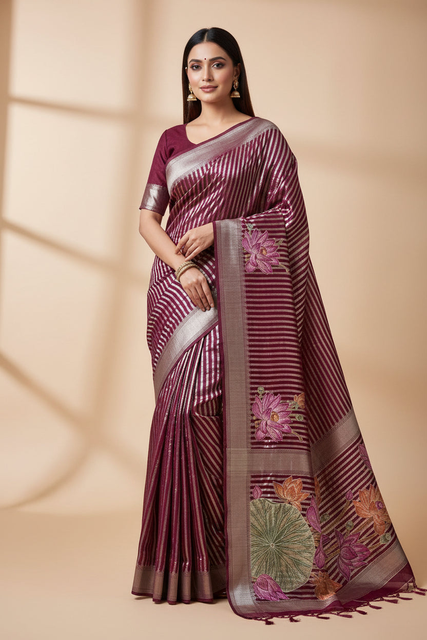 Rani Pink Kora Organza Tissue Silk Saree with Silver Zari Stripes & Embroidered Buttas