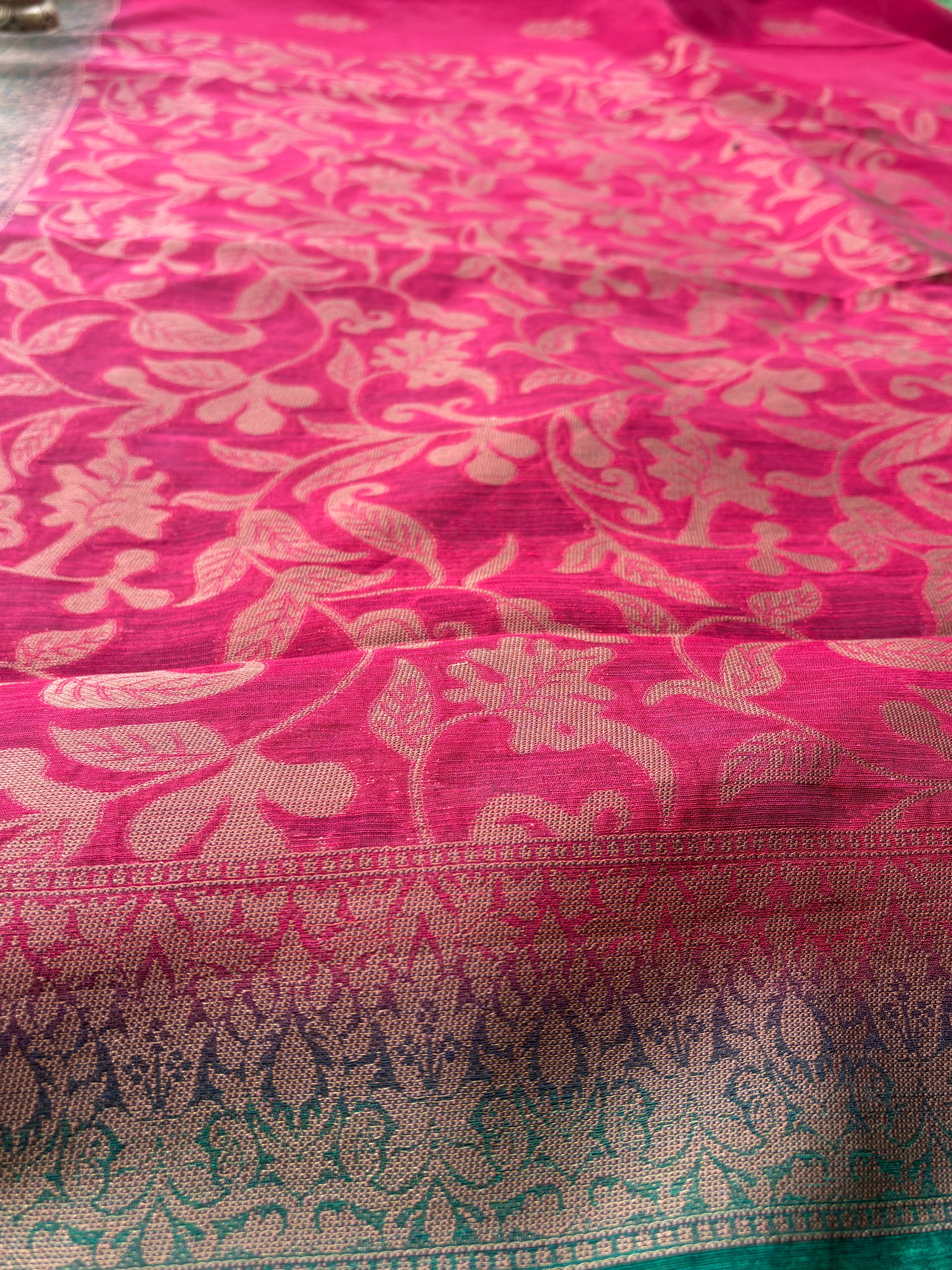 Red Banarasi Cotton Saree with Allover Weaving & Green Border | Chandrika Lifestyles