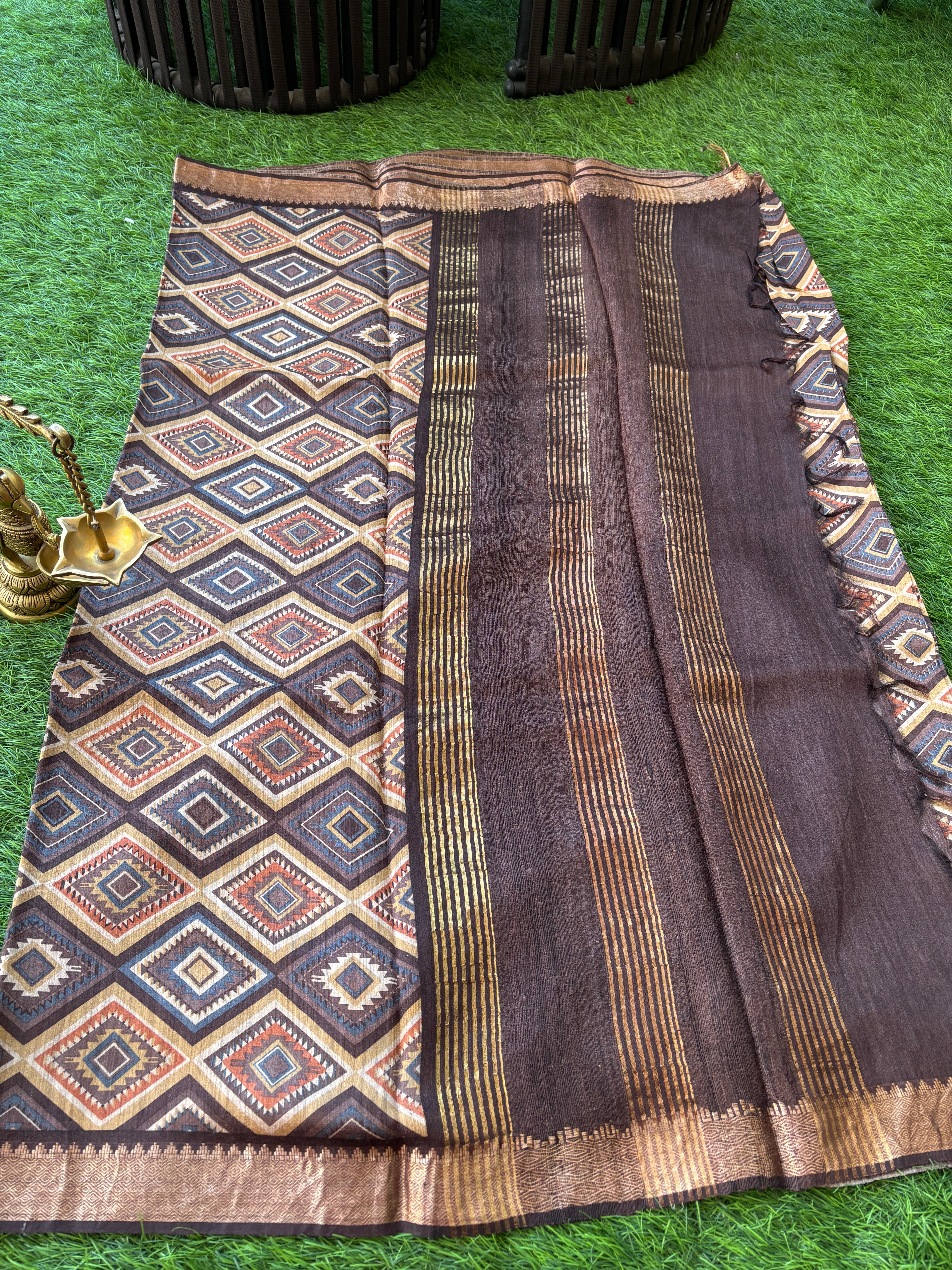 Brown Pure Tussar Silk Saree with Allover Geometric Print | Chandrika Lifestyles