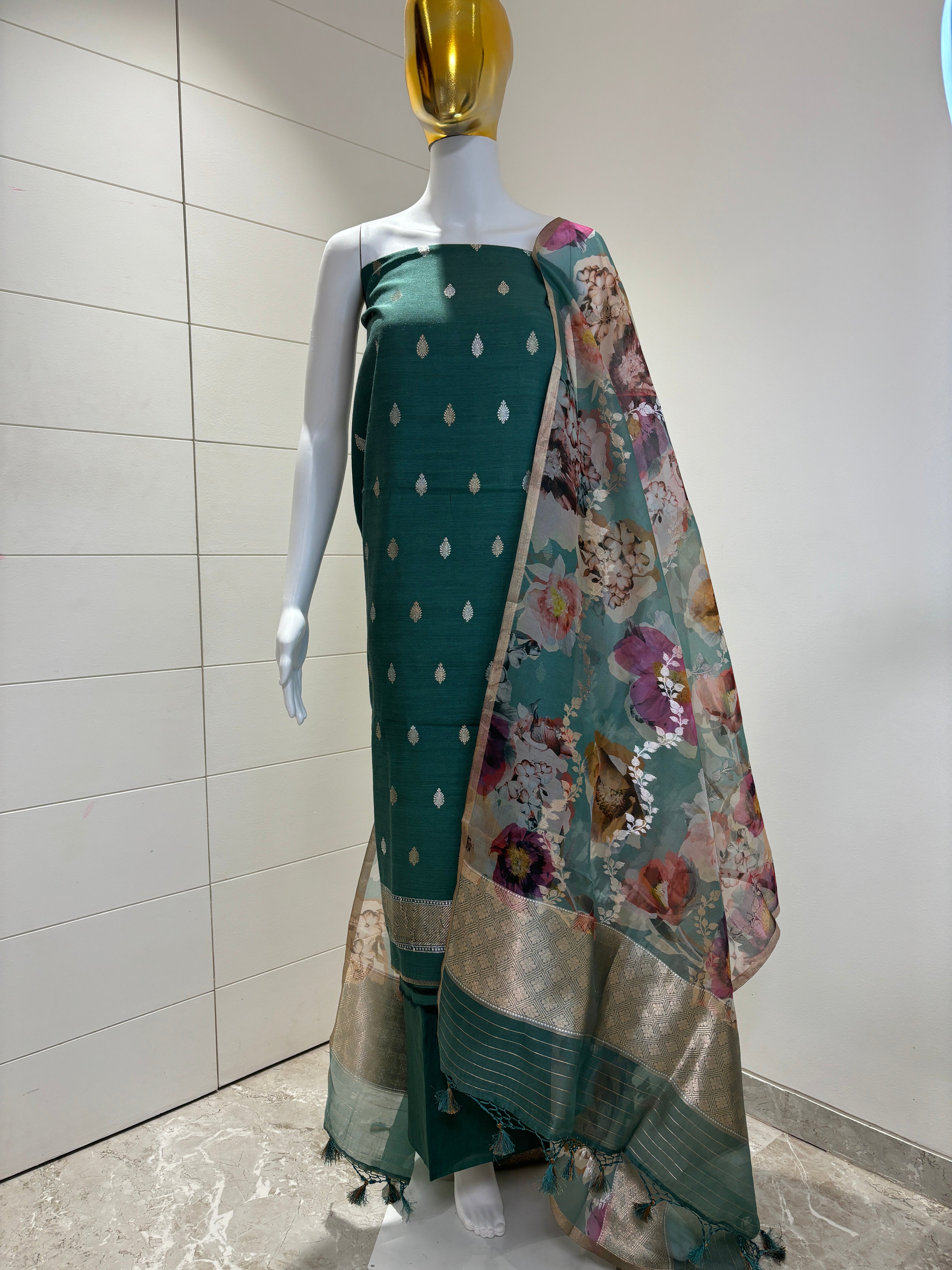 Sea Green Pure Tussar Silk Banarasi Rupa Zari Suit Material with Organza Dupatta | Chandrika Lifestyles