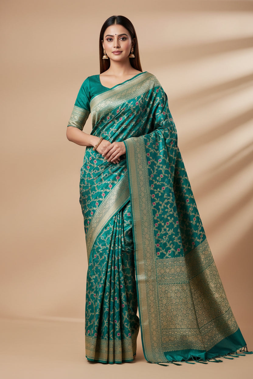 Pure silk banarasi peacock green all over jaal weaved saree