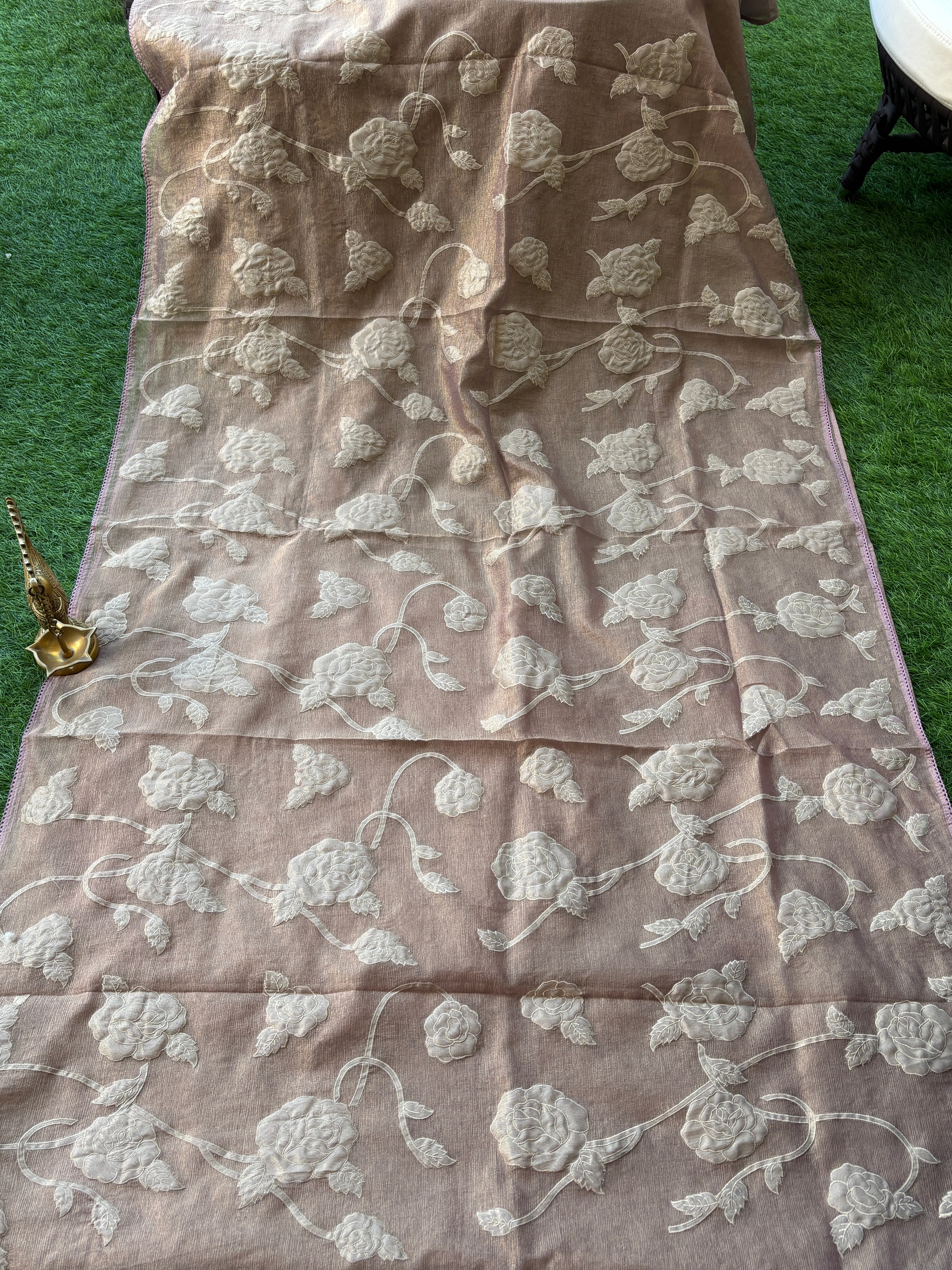 Metallic Onion Pink Tissue Saree with Allover Applique Work | Chandrika Lifestyles