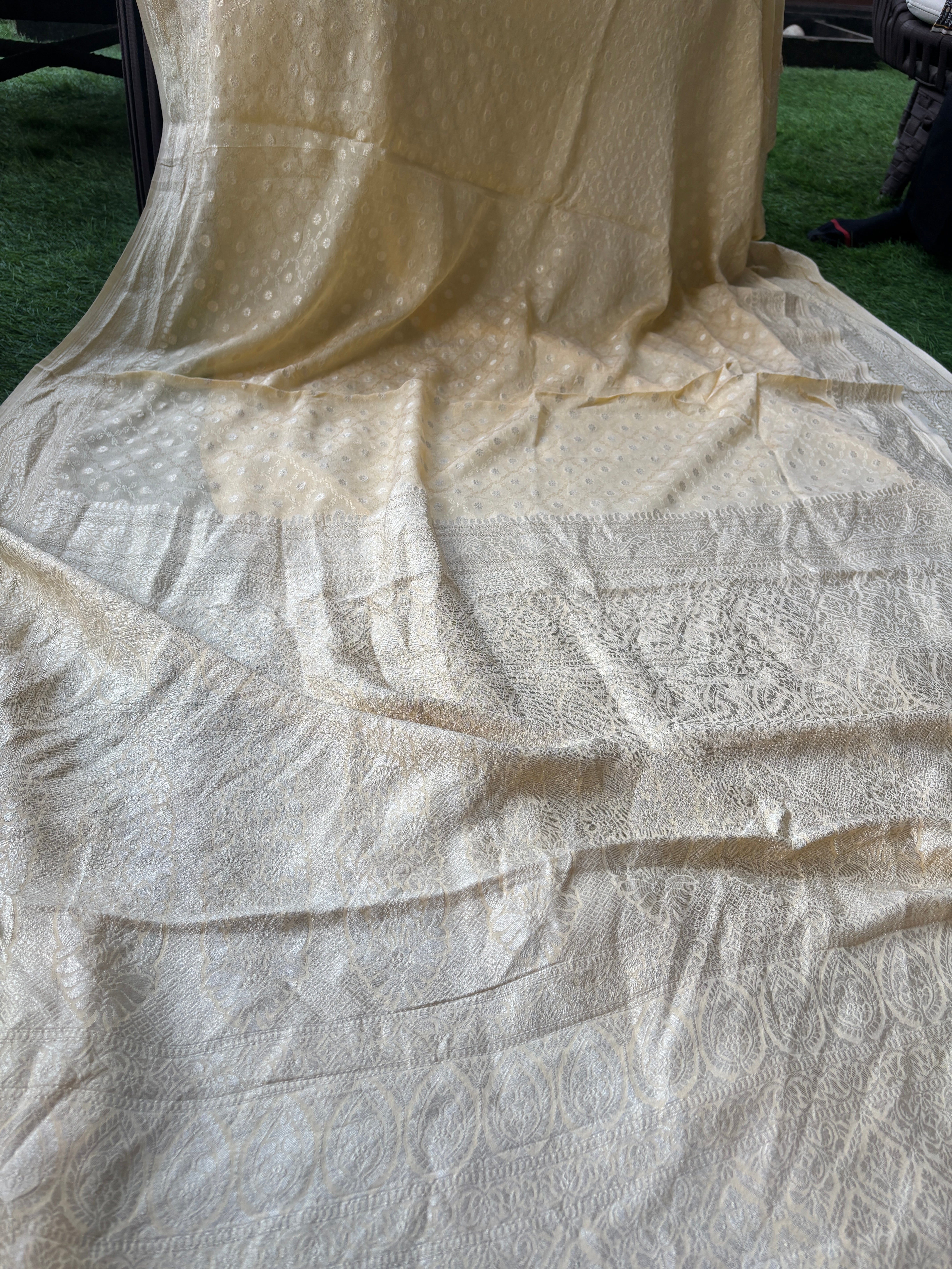 Light Yellow Pure Khaddi Georgette Banarasi Saree – Soft Royal Grace | Chandrika Lifestyles
