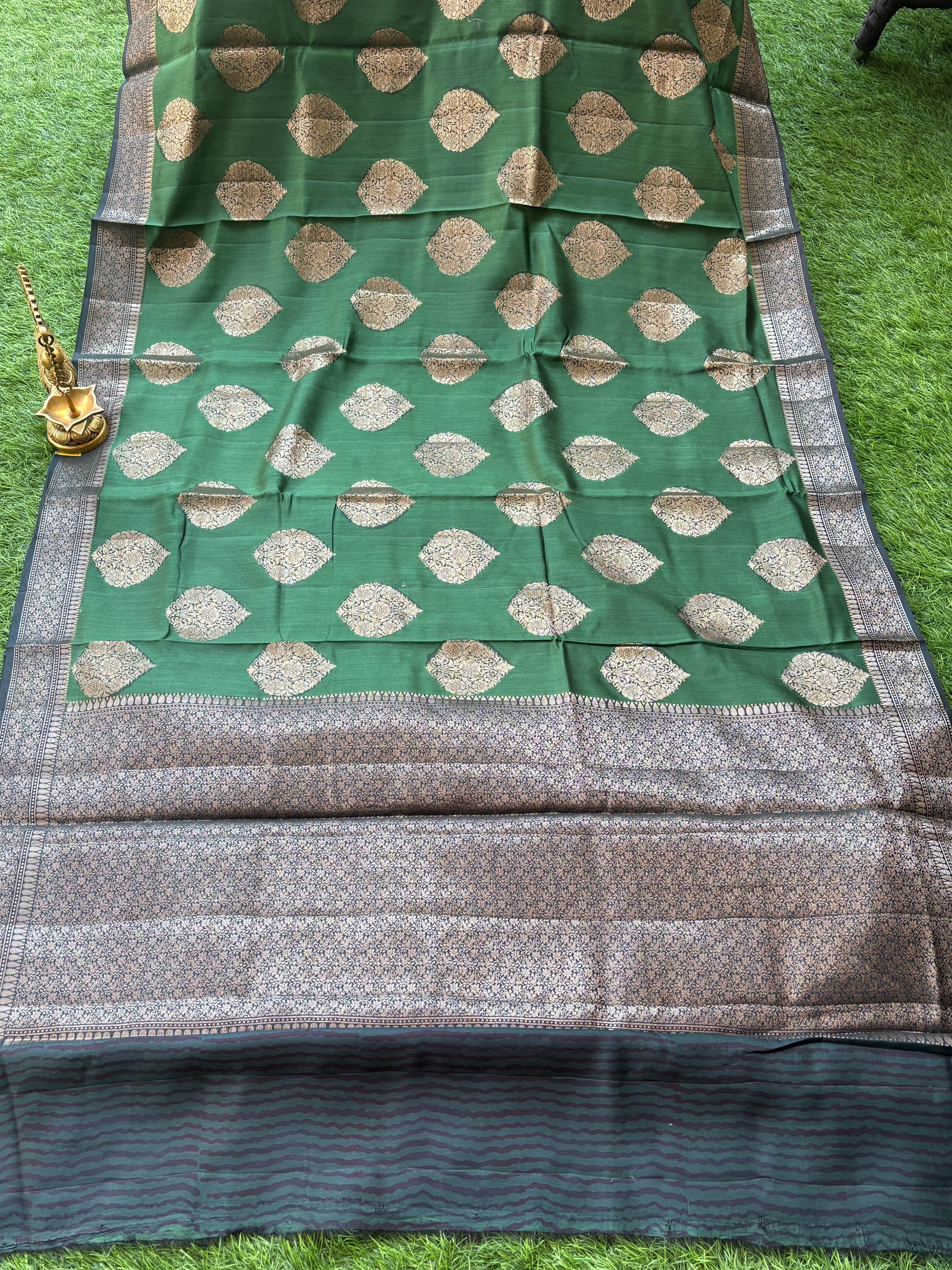 Pure Tussar Silk Bright Bottle Green Saree with Black Zari Woven Border and Brocade Blouse