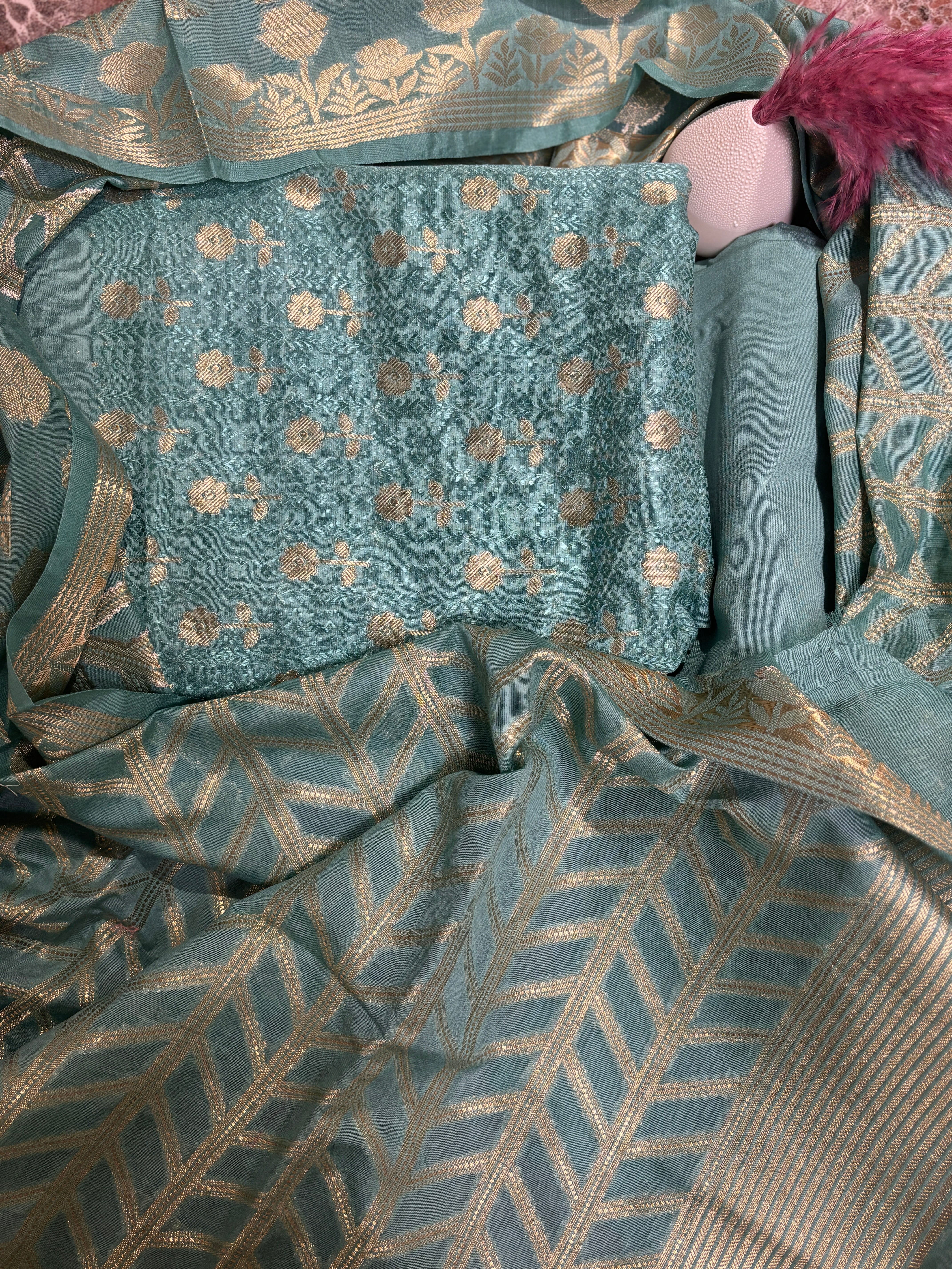 Sea Green Banarasi Weaved Suit Material with Zari Butta & Matching Organza Banarasi Dupatta