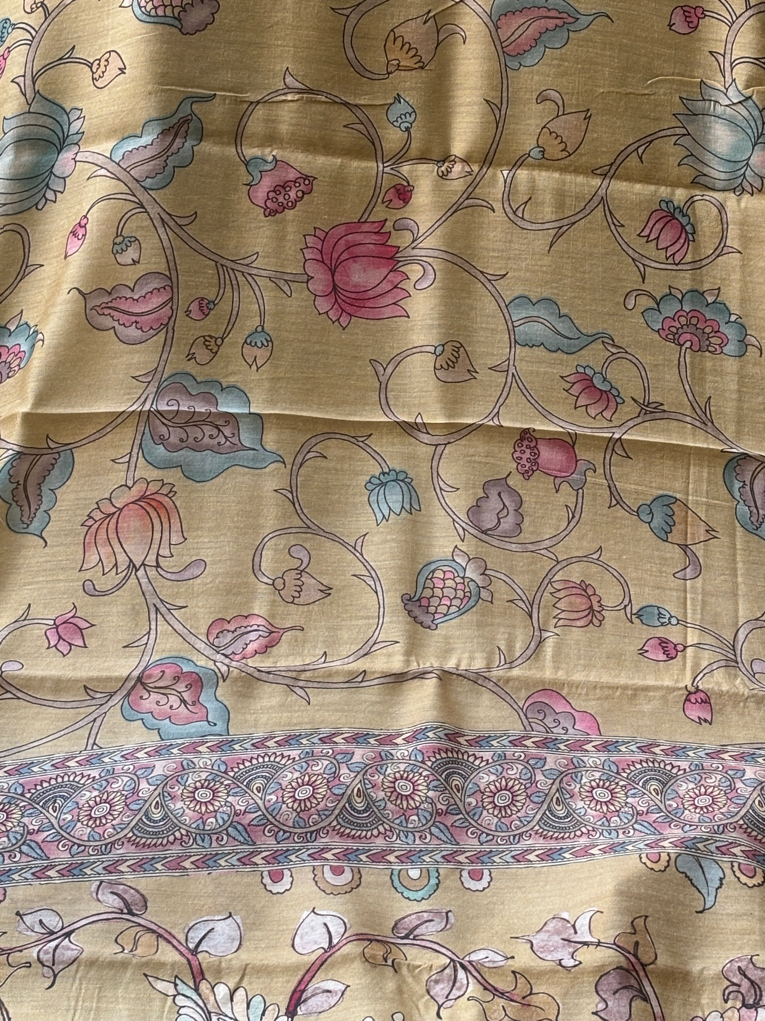 Beige Pure Munga Silk Saree with Digital Kalamkari Print & Zari Woven Pallu