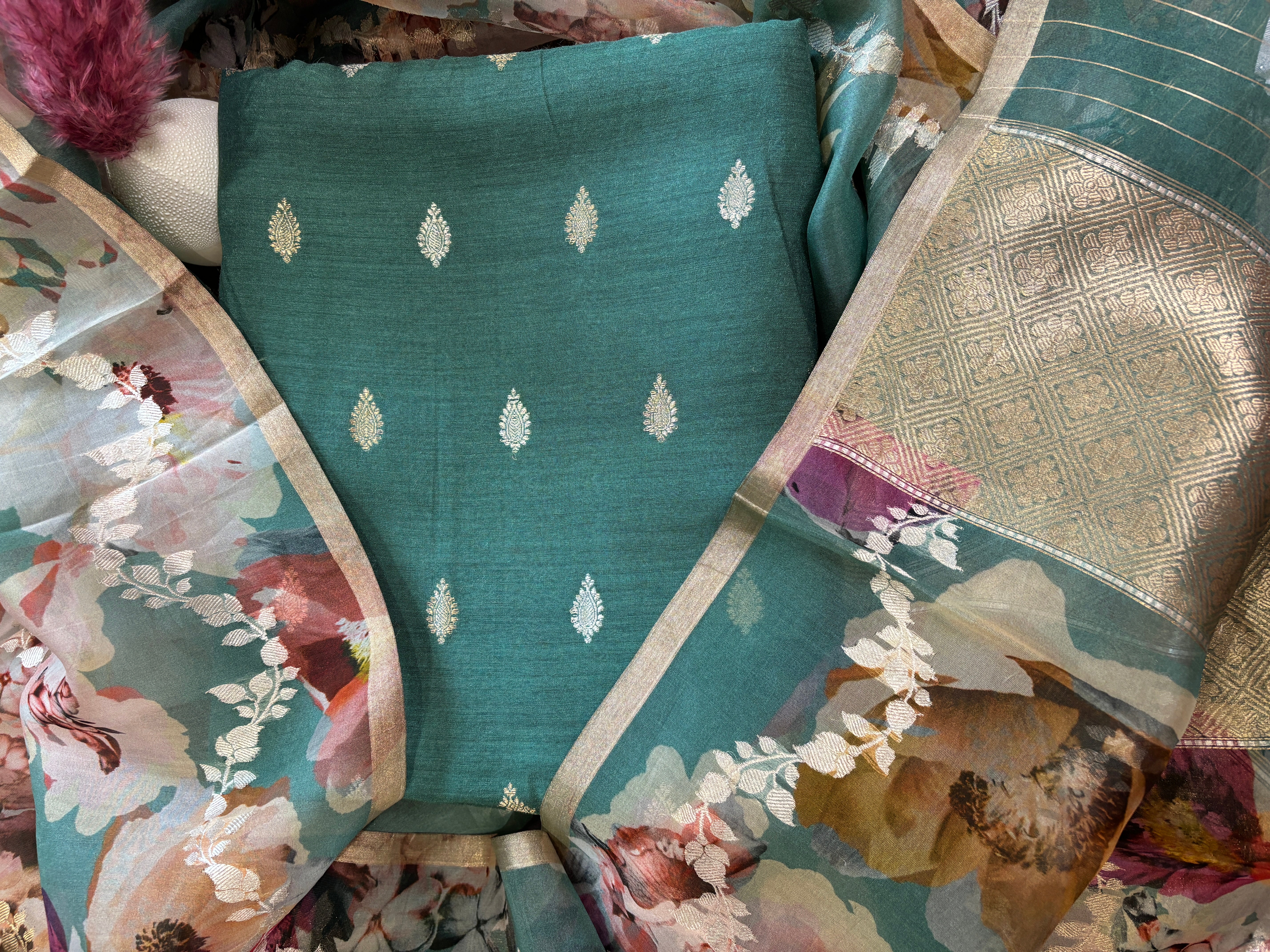 Sea Green Pure Tussar Silk Banarasi Rupa Zari Suit Material with Organza Dupatta | Chandrika Lifestyles