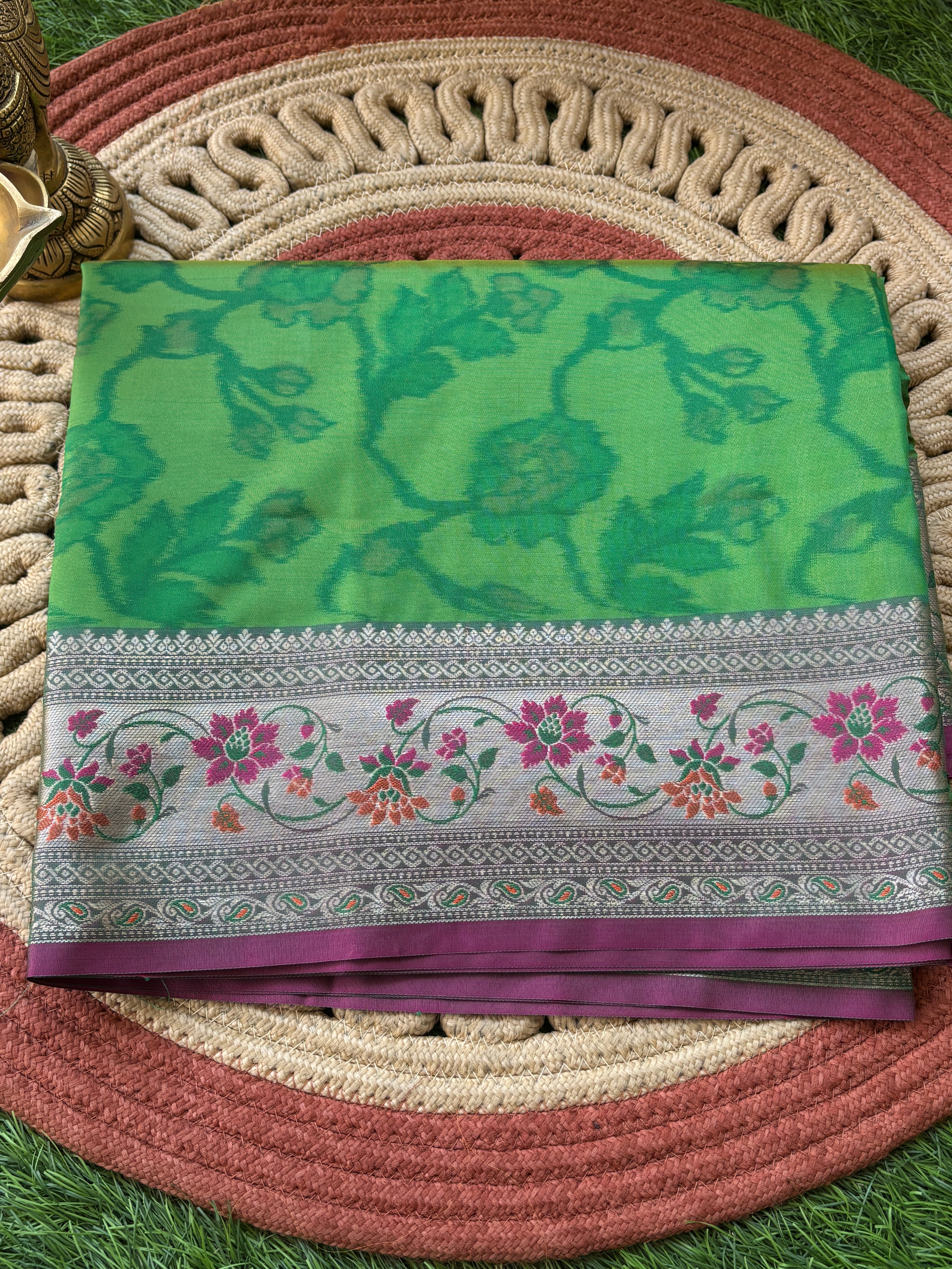 Green Art Silk Ikkat Printed Saree with Banarasi pink Border & green Blouse