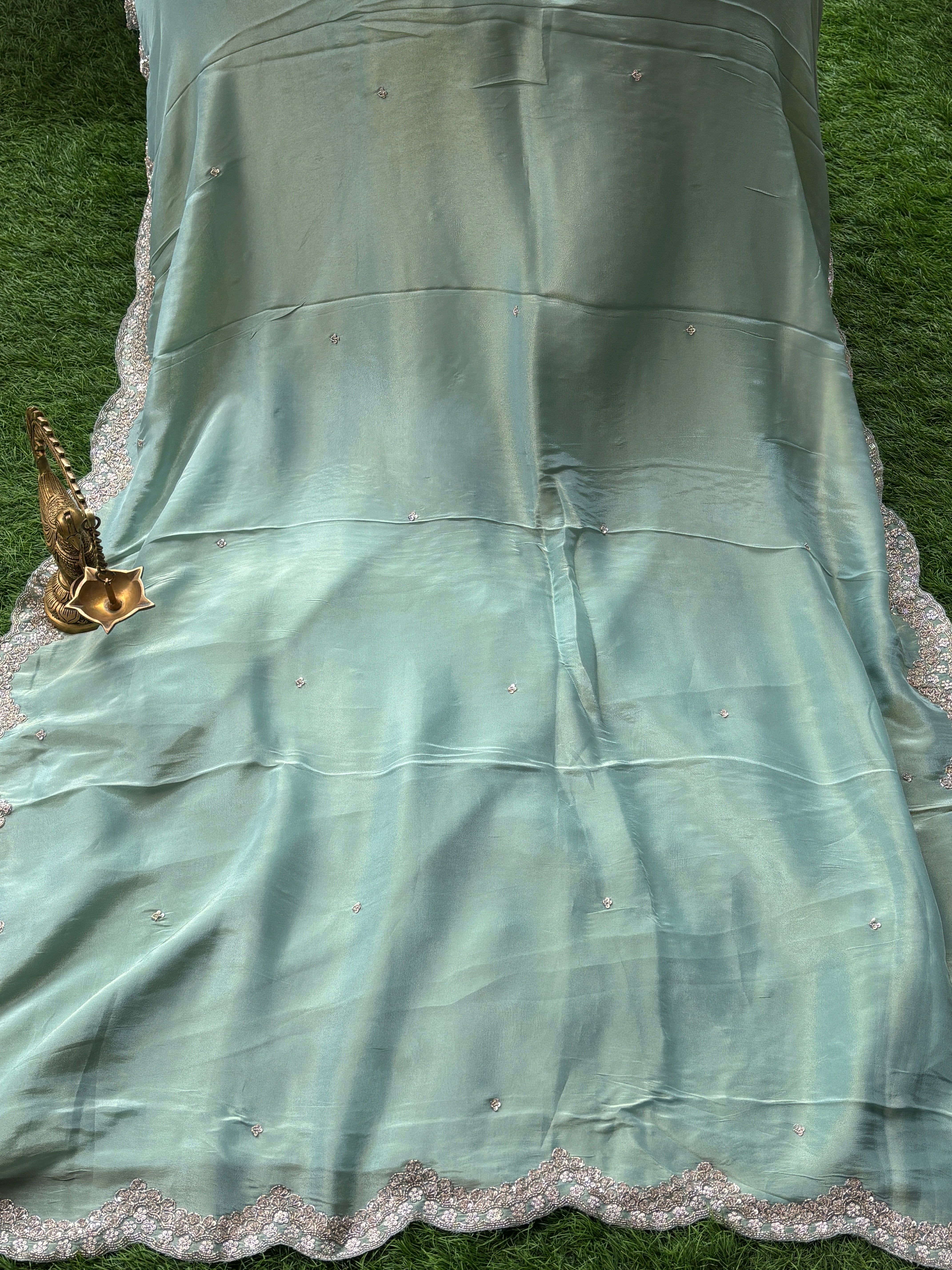Luxury Mint Pure Tissue Crepe Silk Saree with Zardozi Buttas & Designer Scallop Border
