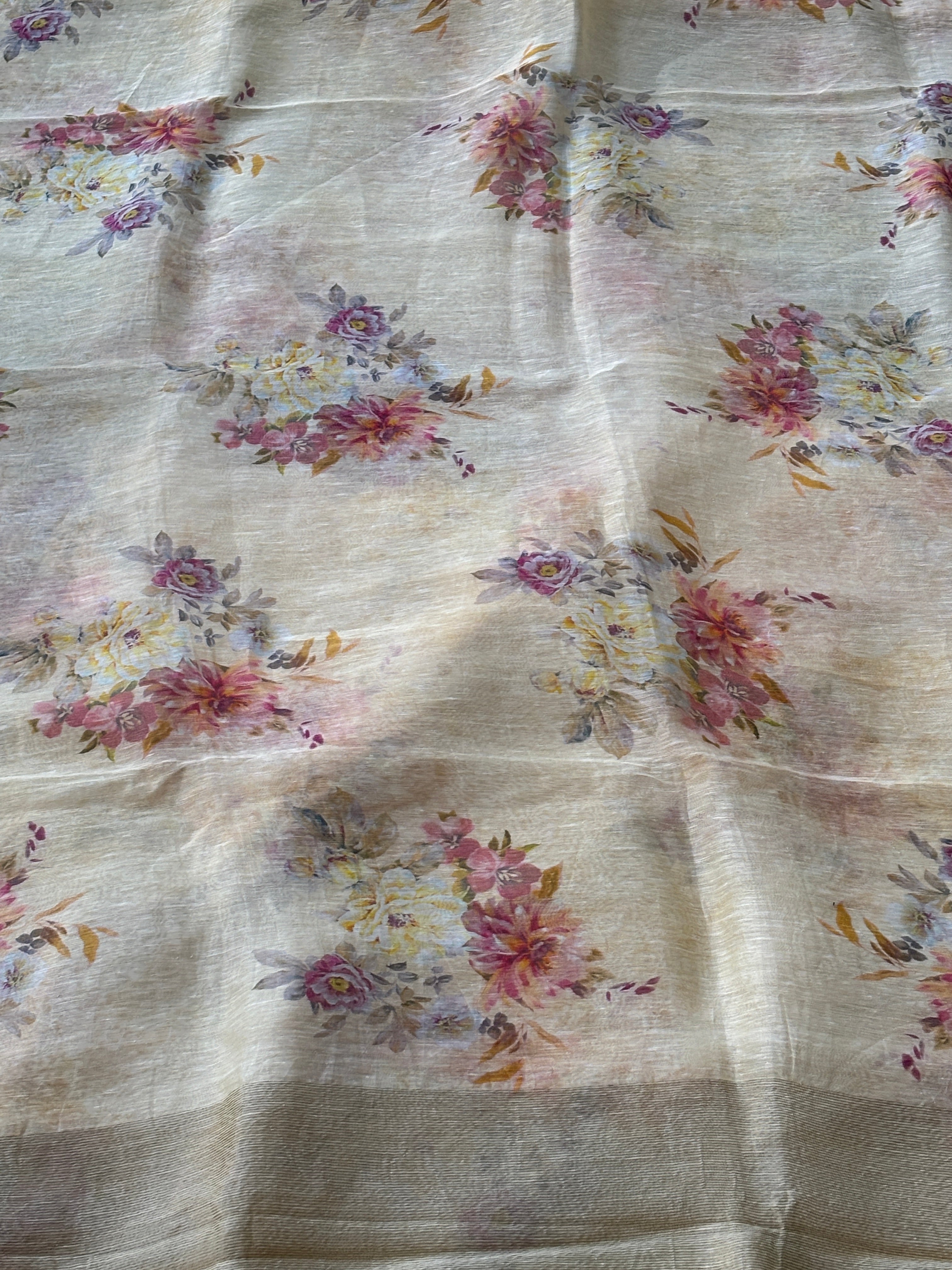 Lemon Yellow Pure Linen Saree with Allover Floral Digital Print | Chandrika Lifestyles