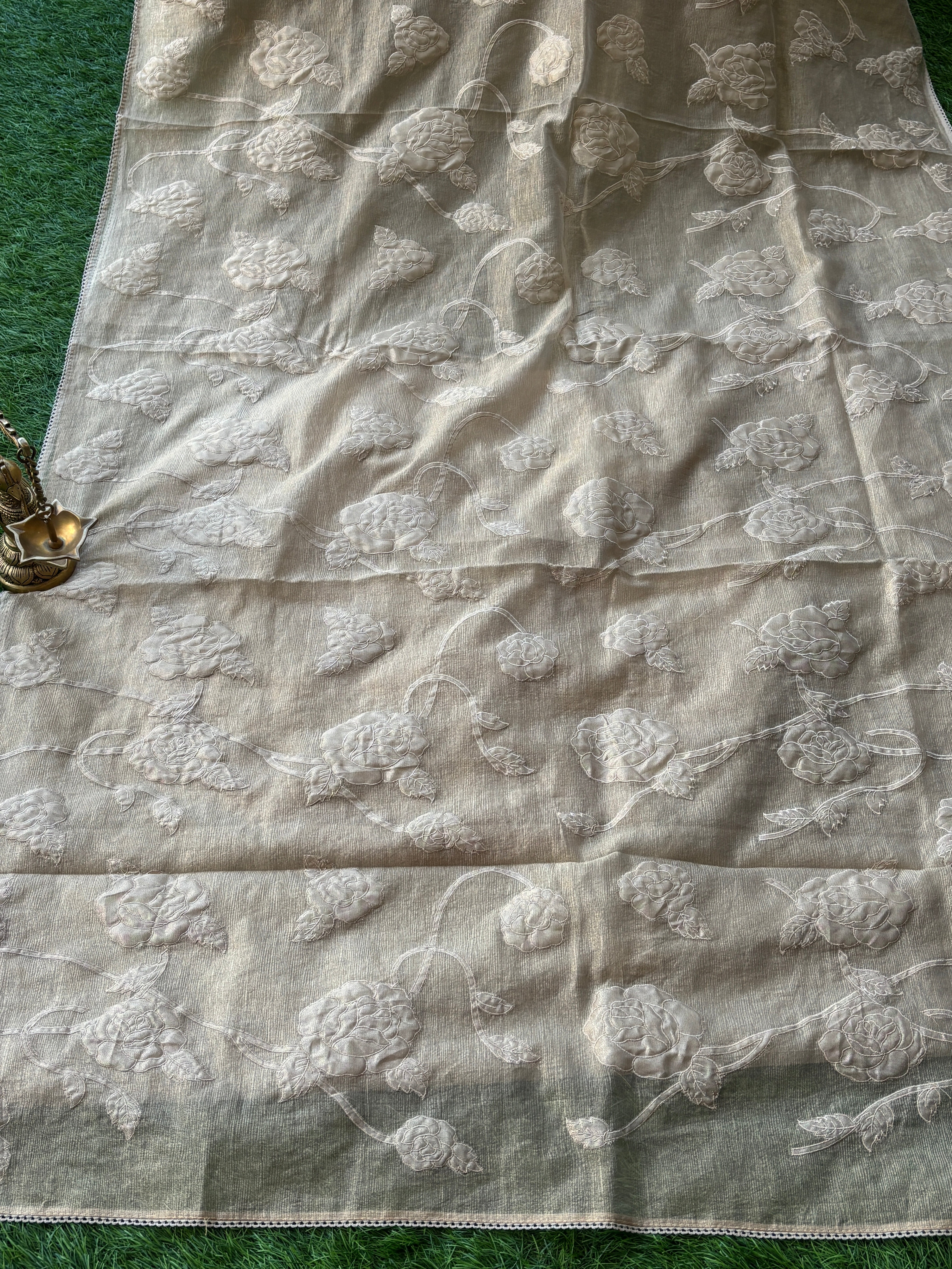 Beige Tissue Saree with Allover Applique Work | Chandrika Lifestyles