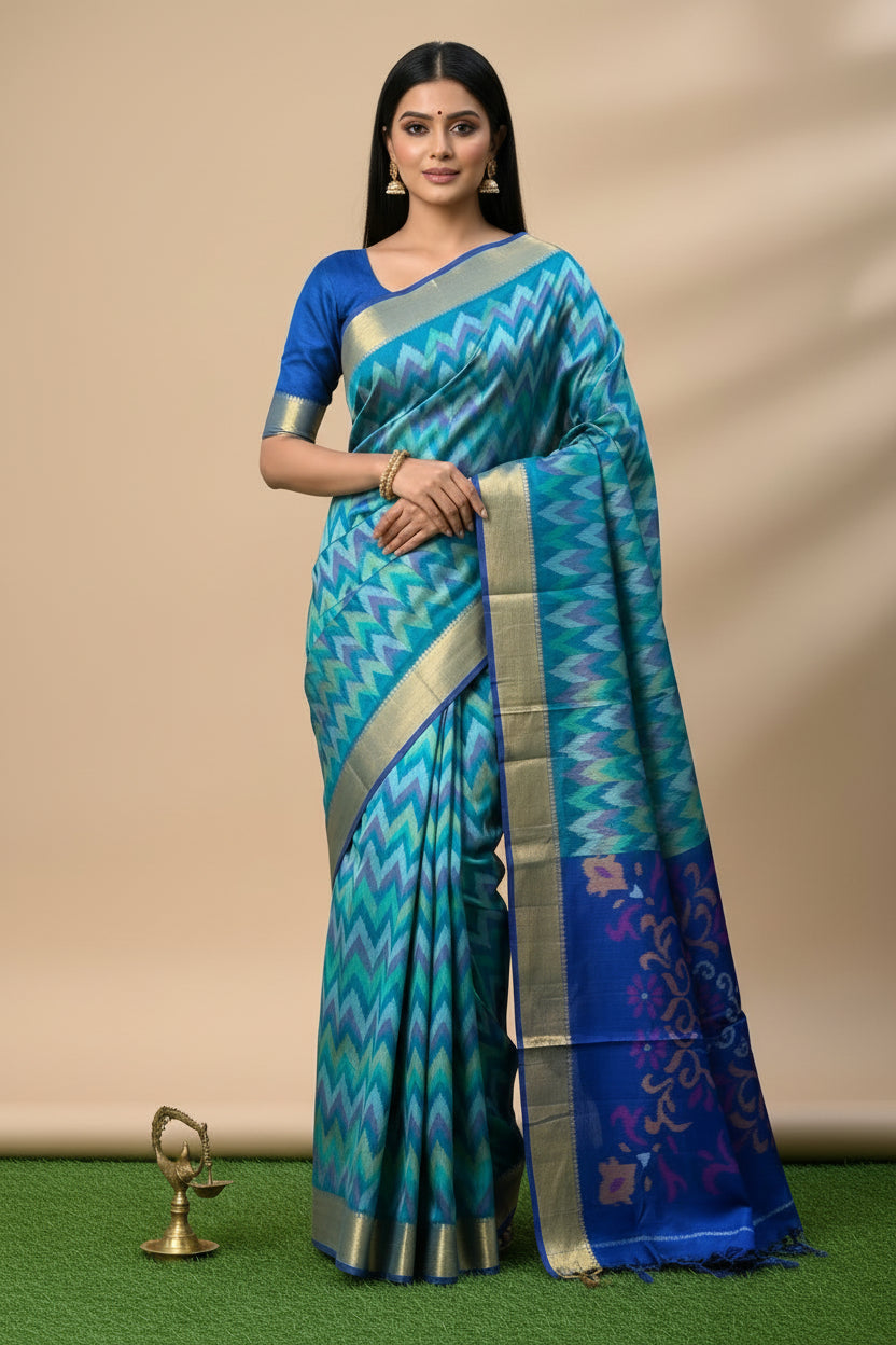 Pure Silk Ikkat Saree in Peacock Green & Peacock Blue in Multicolor Ikkat design and pallu and small golden Zari Border ikkat pallu with tassals