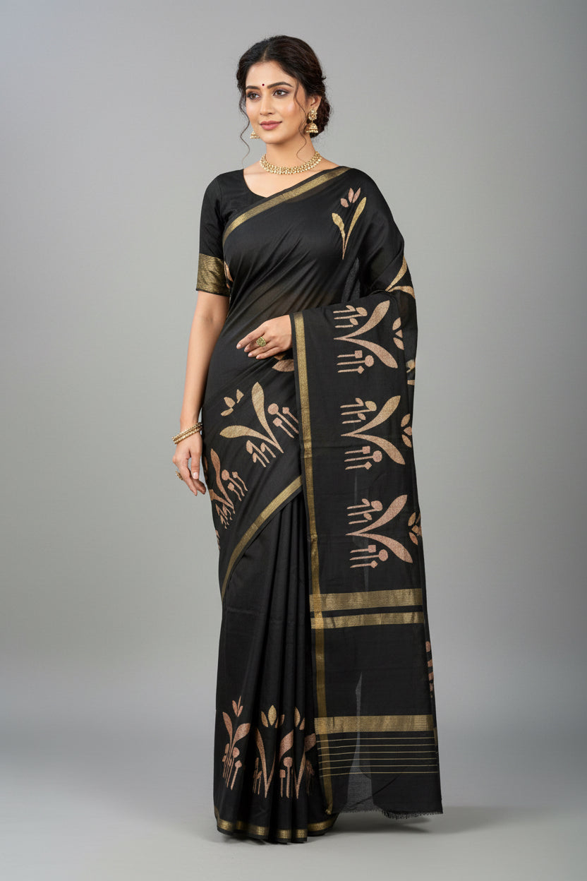 Black Banarasi Saree with All-Over Zari Buttas (No Border)