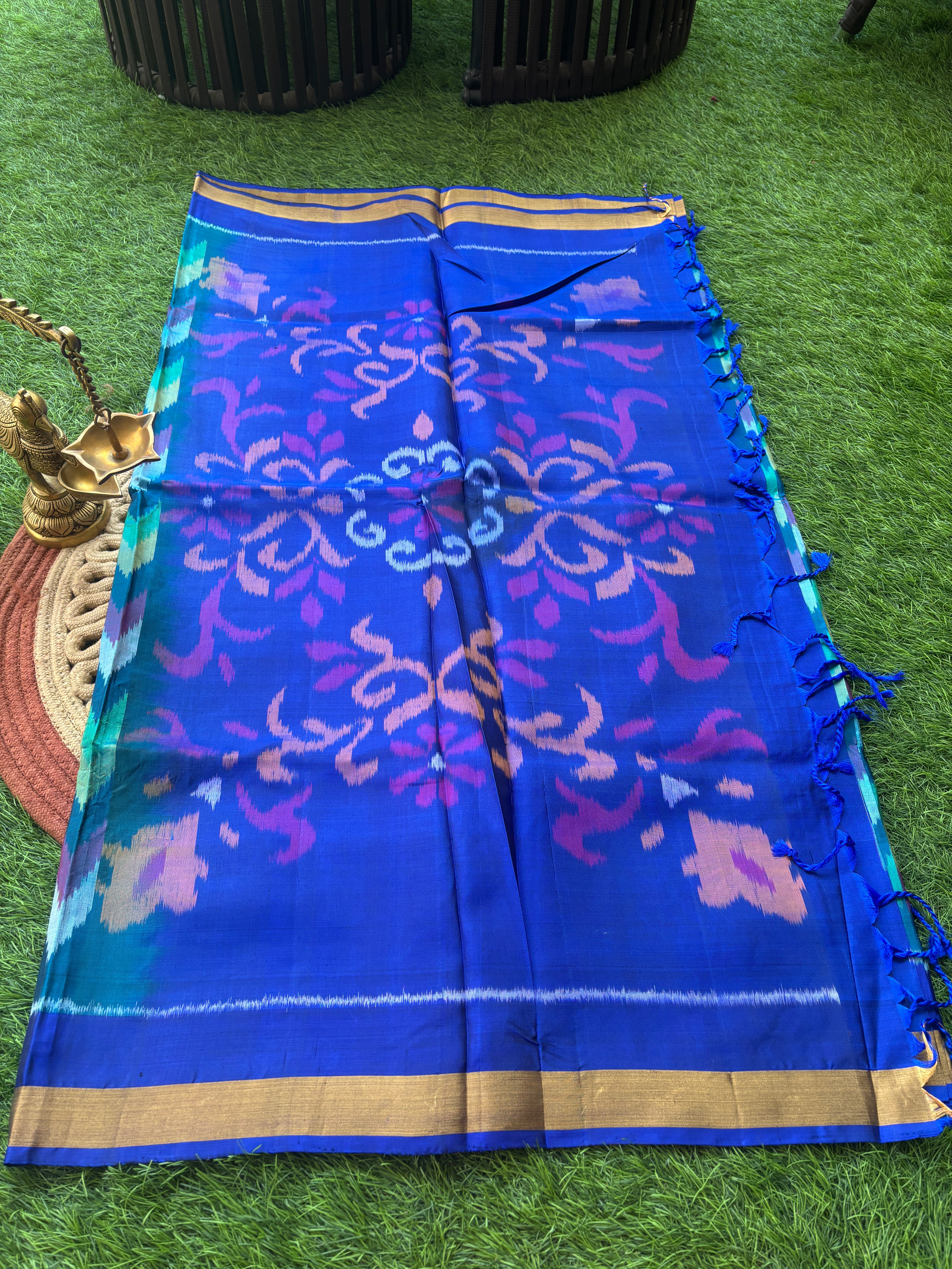 Pure Silk Ikkat Saree in Peacock Green & Peacock Blue in Multicolor Ikkat design and pallu and small golden Zari Border ikkat pallu with tassals