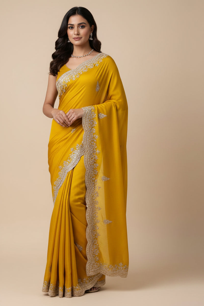Mango Yellow Pure Crepe Silk Saree with Scallop & Zardozi Work | Chandrika Lifestyles