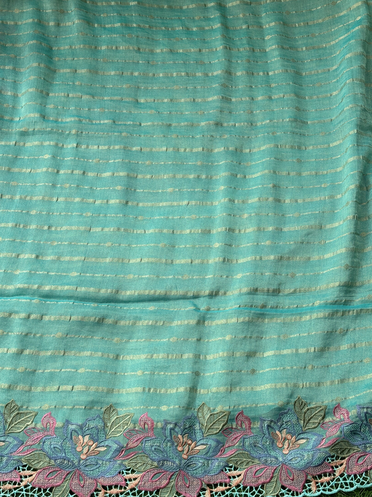 Elegant Sea Green Pure Tissue Silk Saree with All-Over Embroidery & Cutwork Design