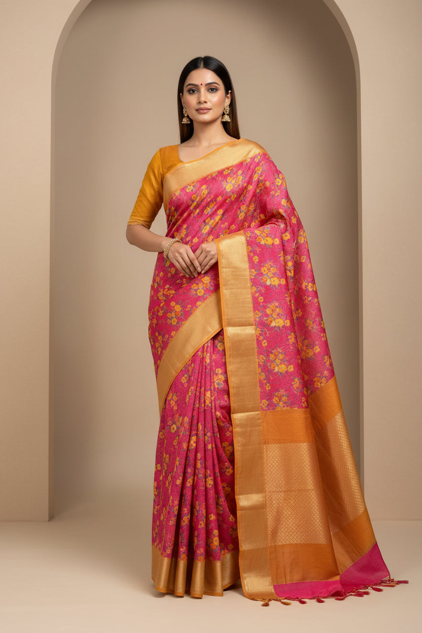 Red Floral Printed Kota Silk Saree with Yellow Border | Chandrika Lifestyles
