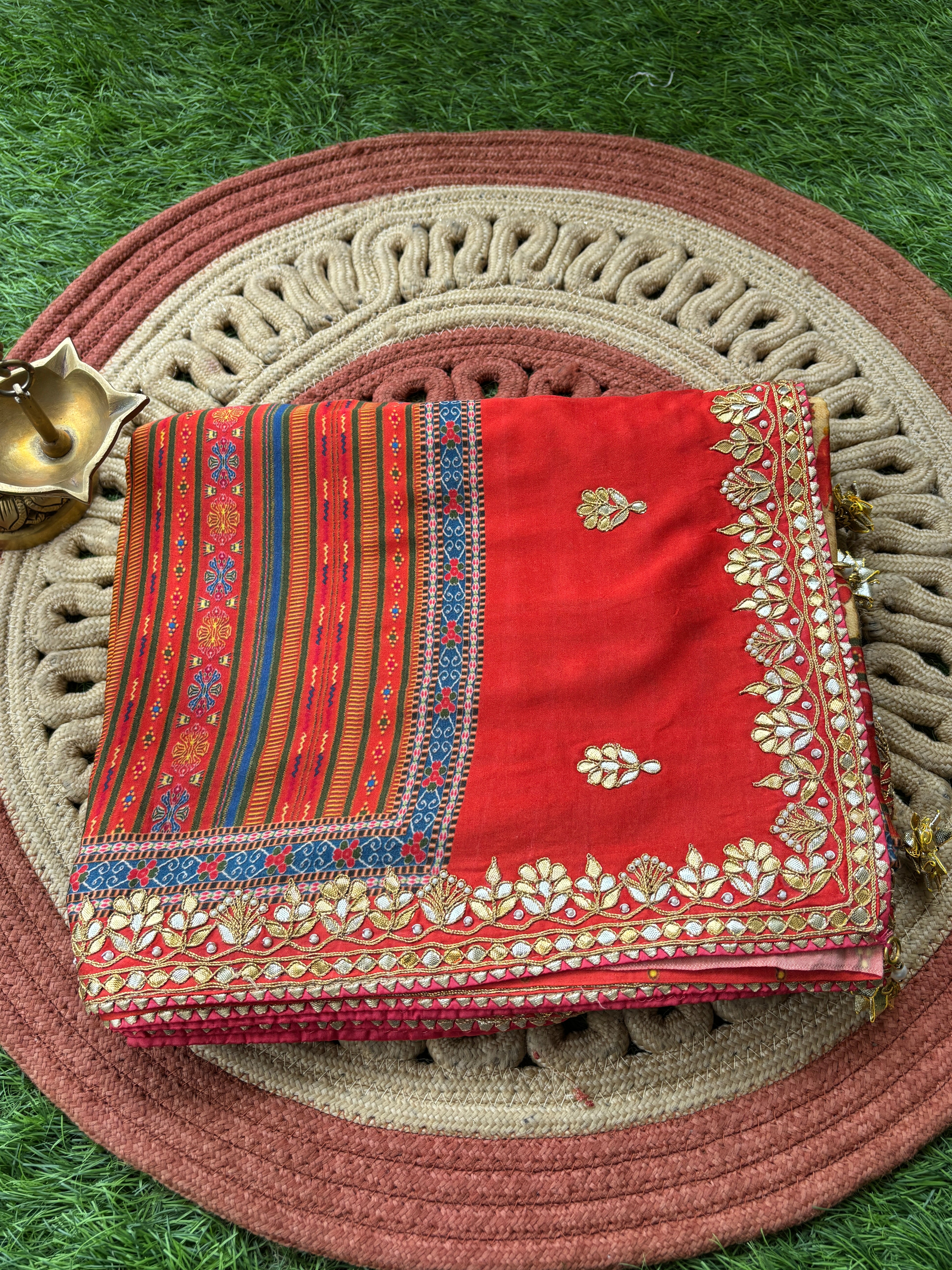 Elegant Brick Red Pure Crepe Silk Saree with Gota Work Border & Digital Floral Print