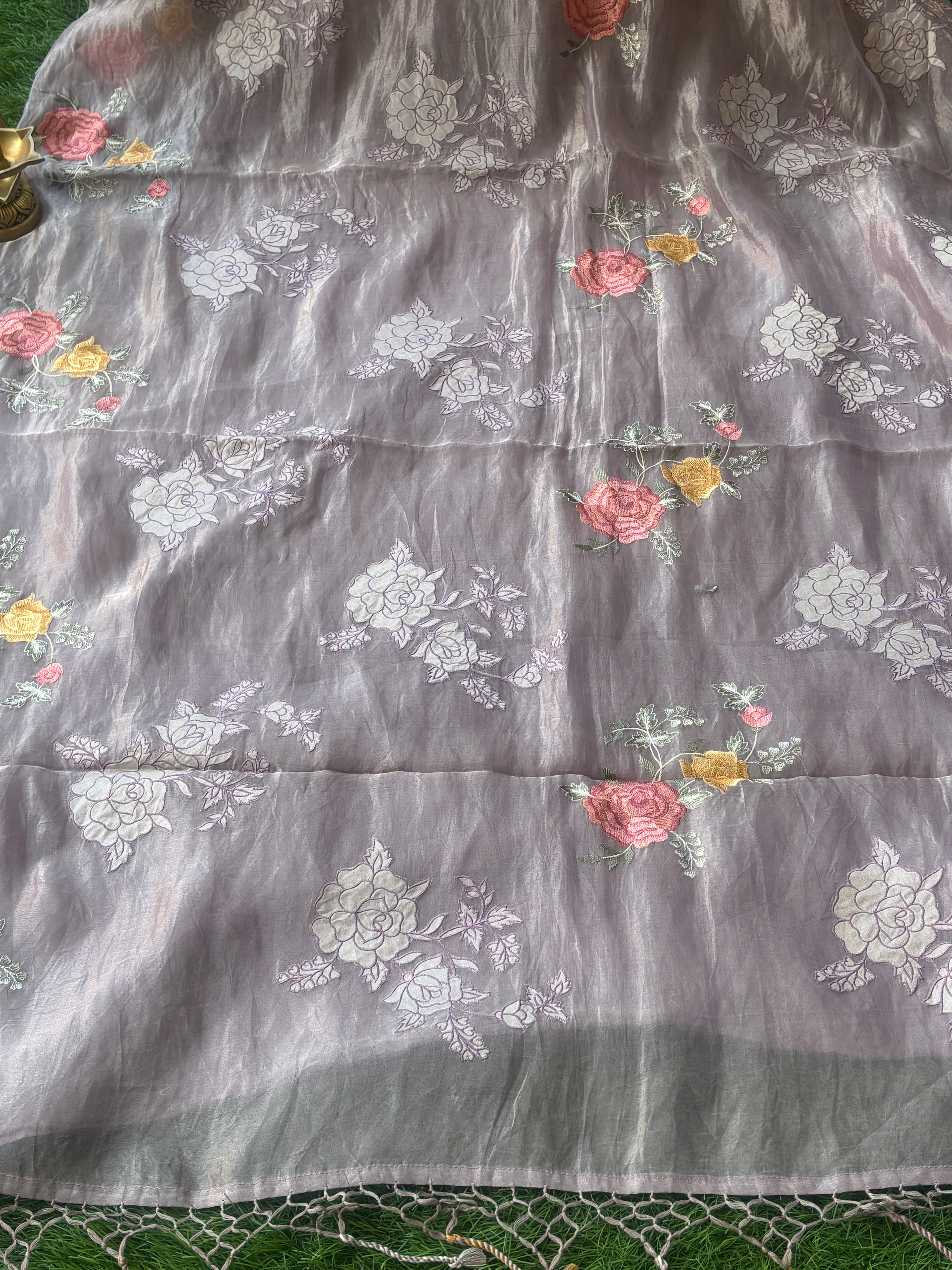 Rich pastel purple organza saree pallu with delicate embroidery work