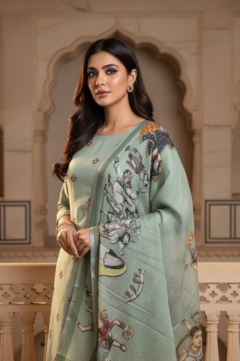 Pure Linen Thread Embroidered Suit Material with Figure Digital Printed Dupatta – Mehendi Green / Pista Green