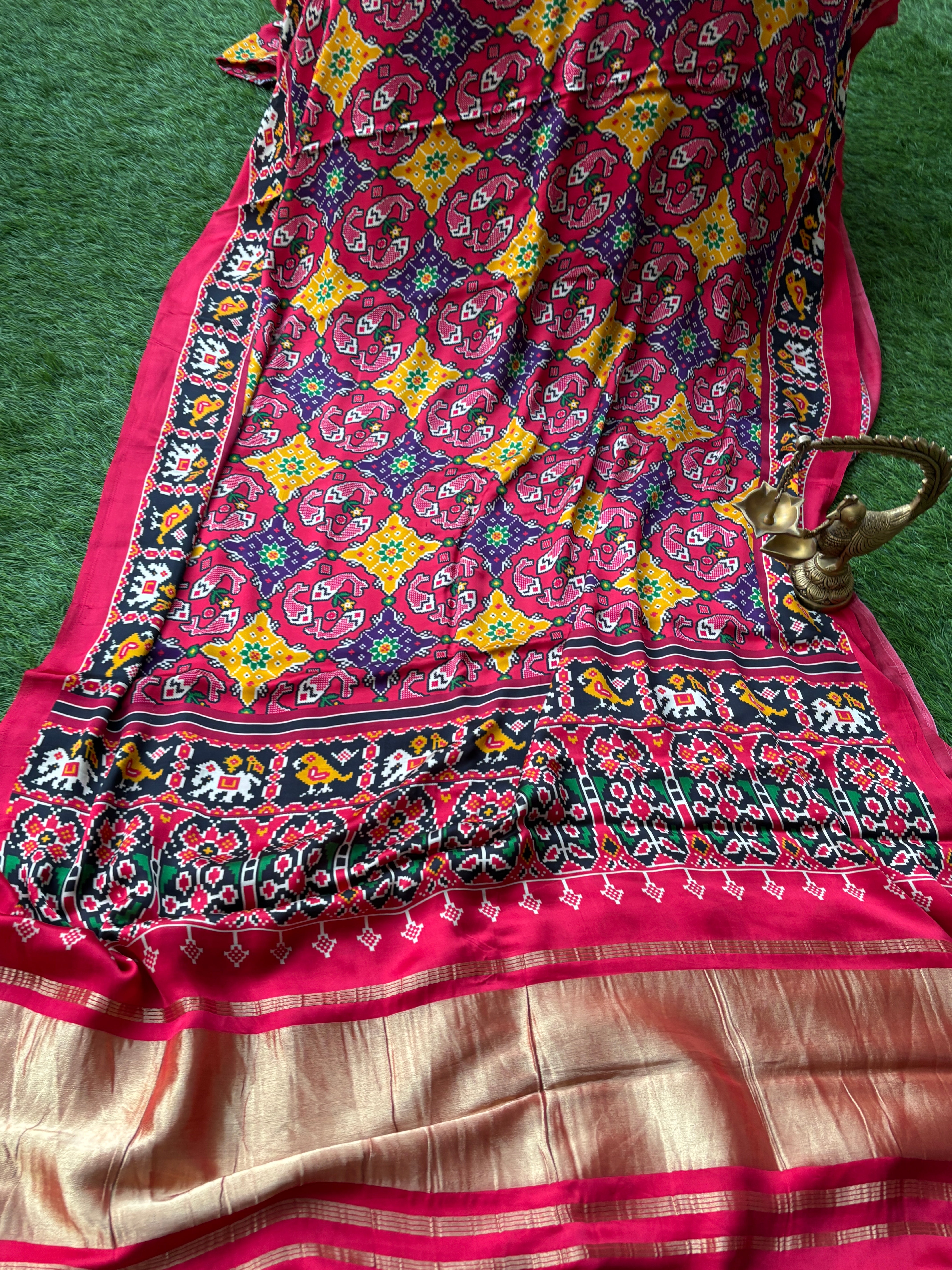 Red Pink Patola Satin Saree with Allover Patola Print & Zari Pallu | Chandrika Lifestyles