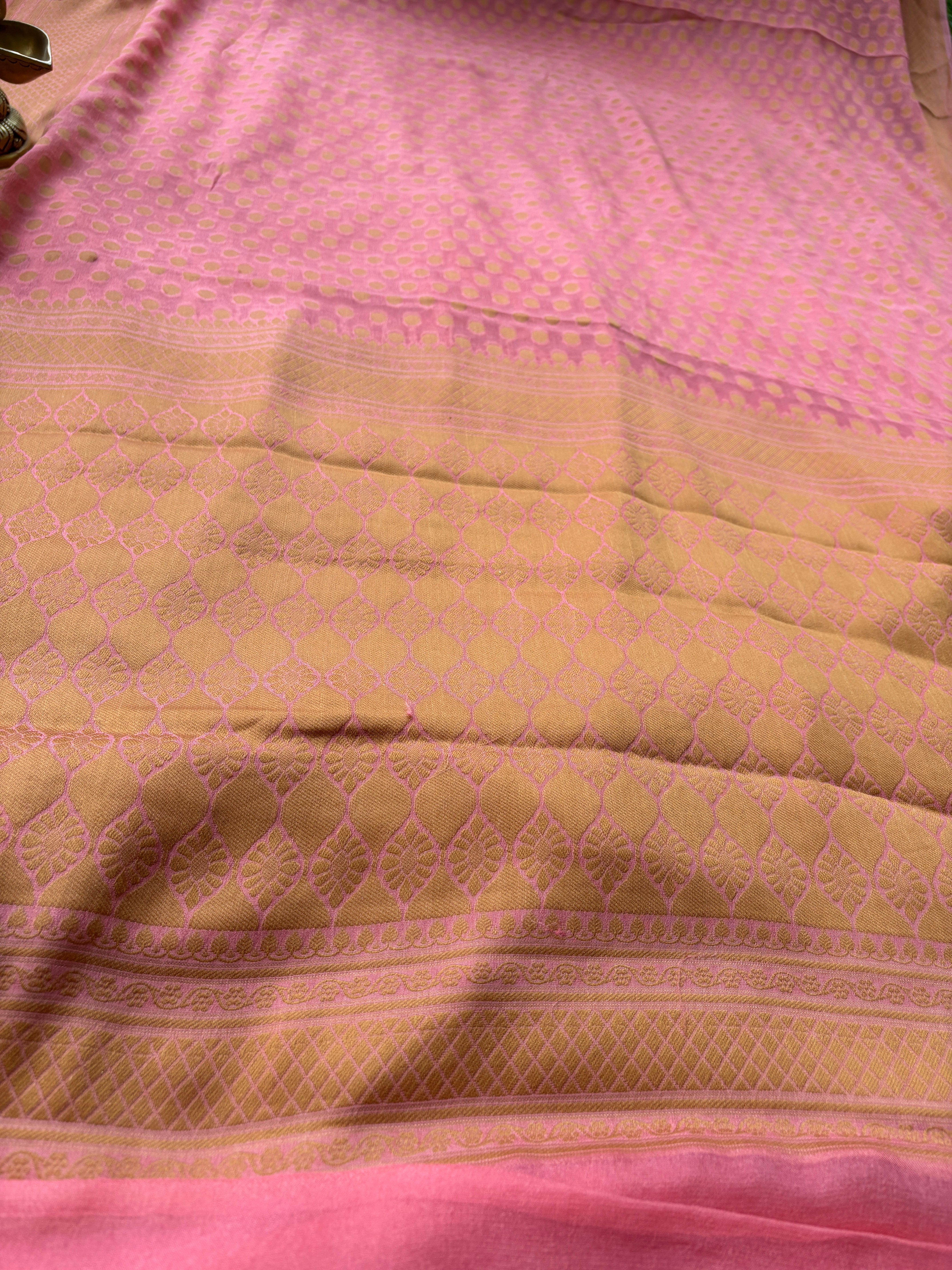 Peach Pink Banarasi Khaddi Chiffon Saree with Allover Resham Weaving | Chandrika Lifestyles