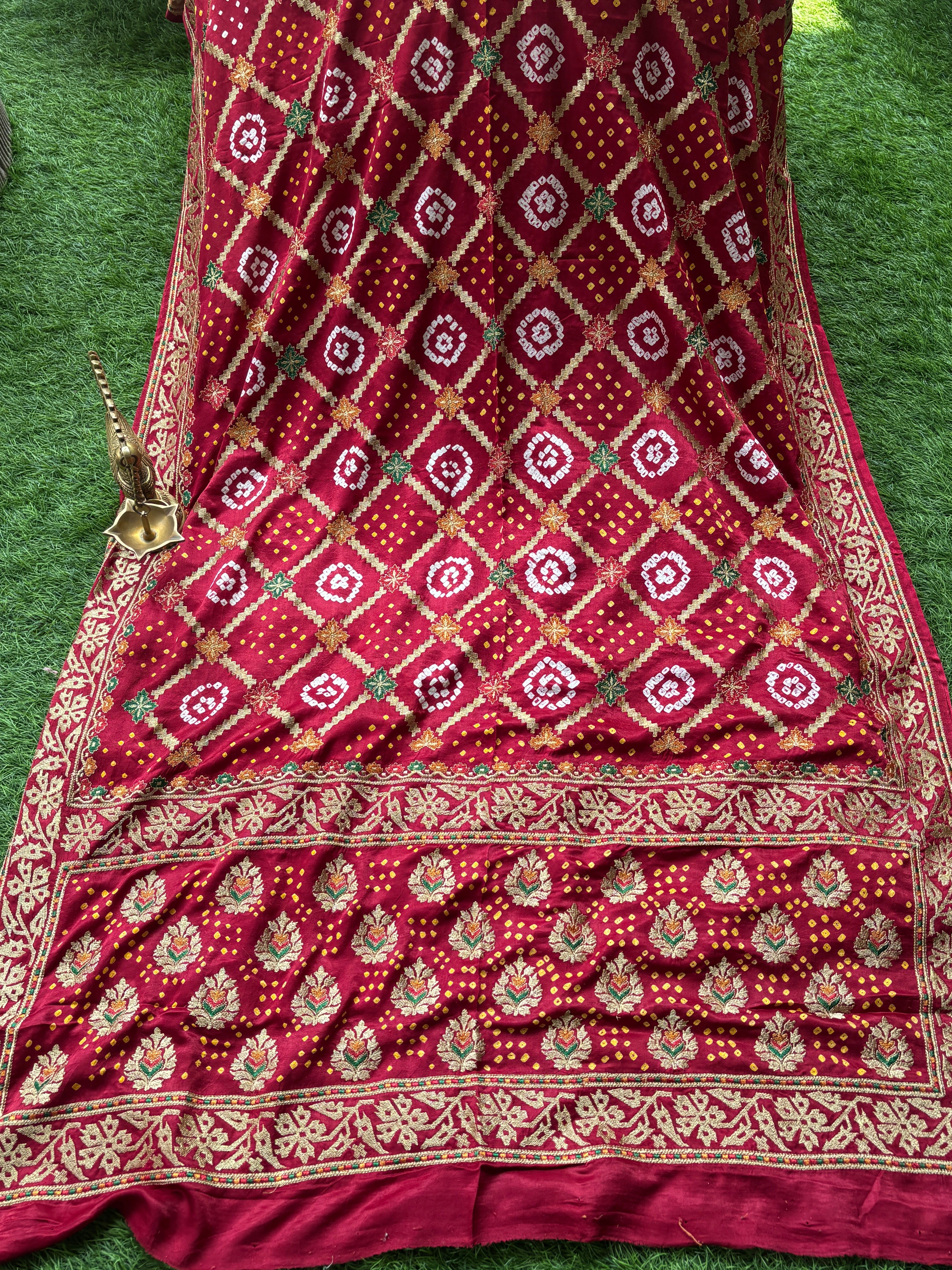 Blood Red Gajji Silk Bandhej Saree with Zari Weaving | Chandrika Lifestyles