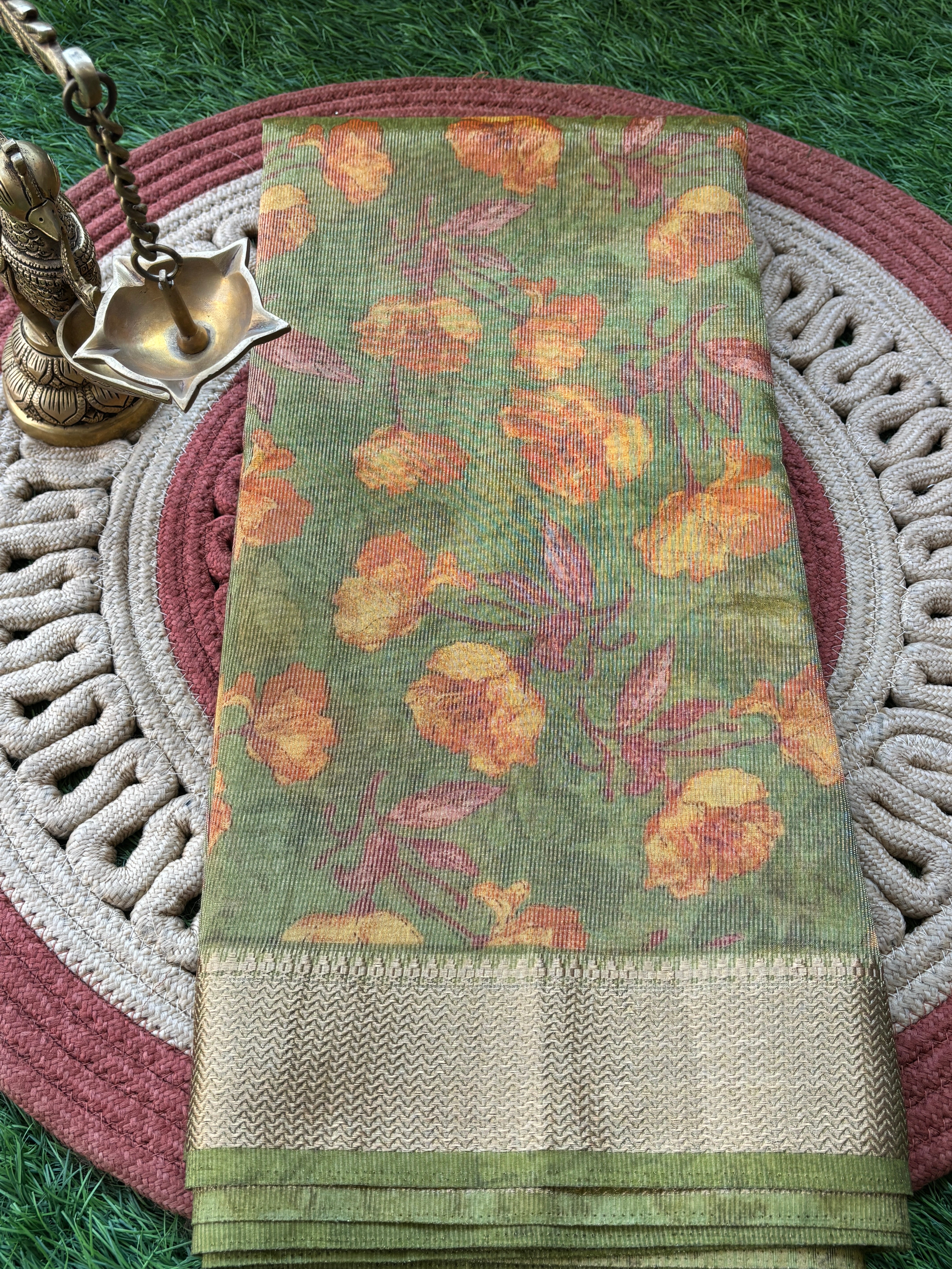 Olive Green Mercerized Cotton Saree with Allover Digital Print | Chandrika Lifestyles