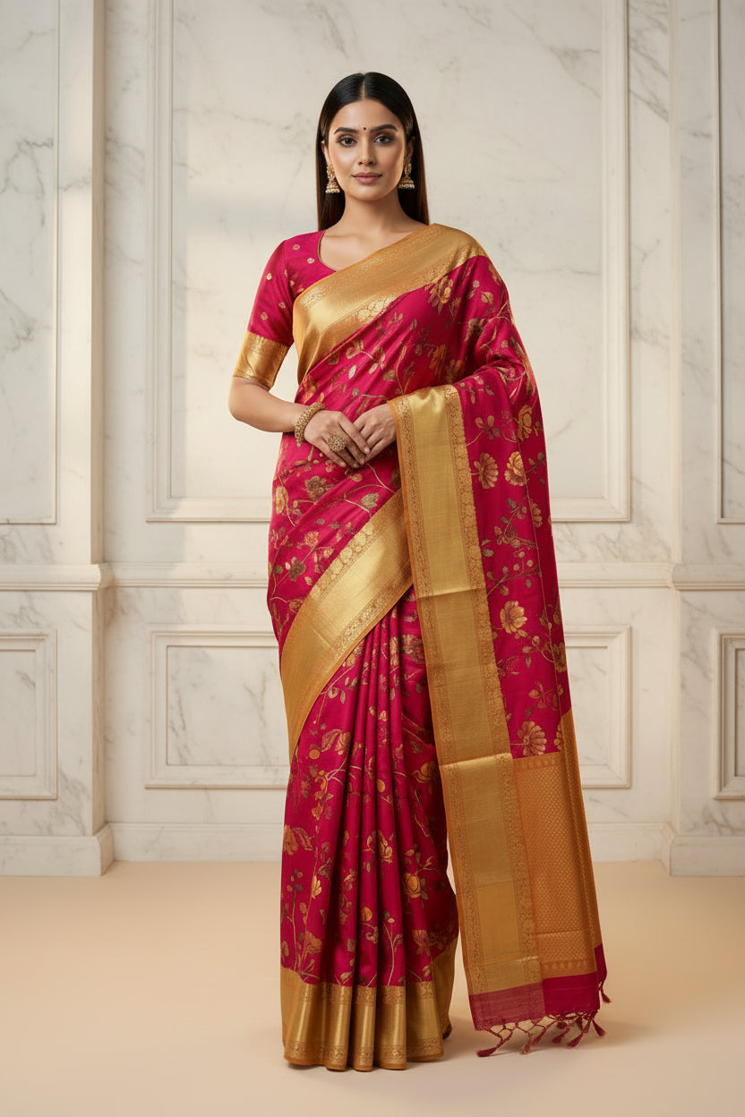 Dark Rani Pink Pure Silk Saree with Broad Dharmavaram Border and Zari Woven Pallu