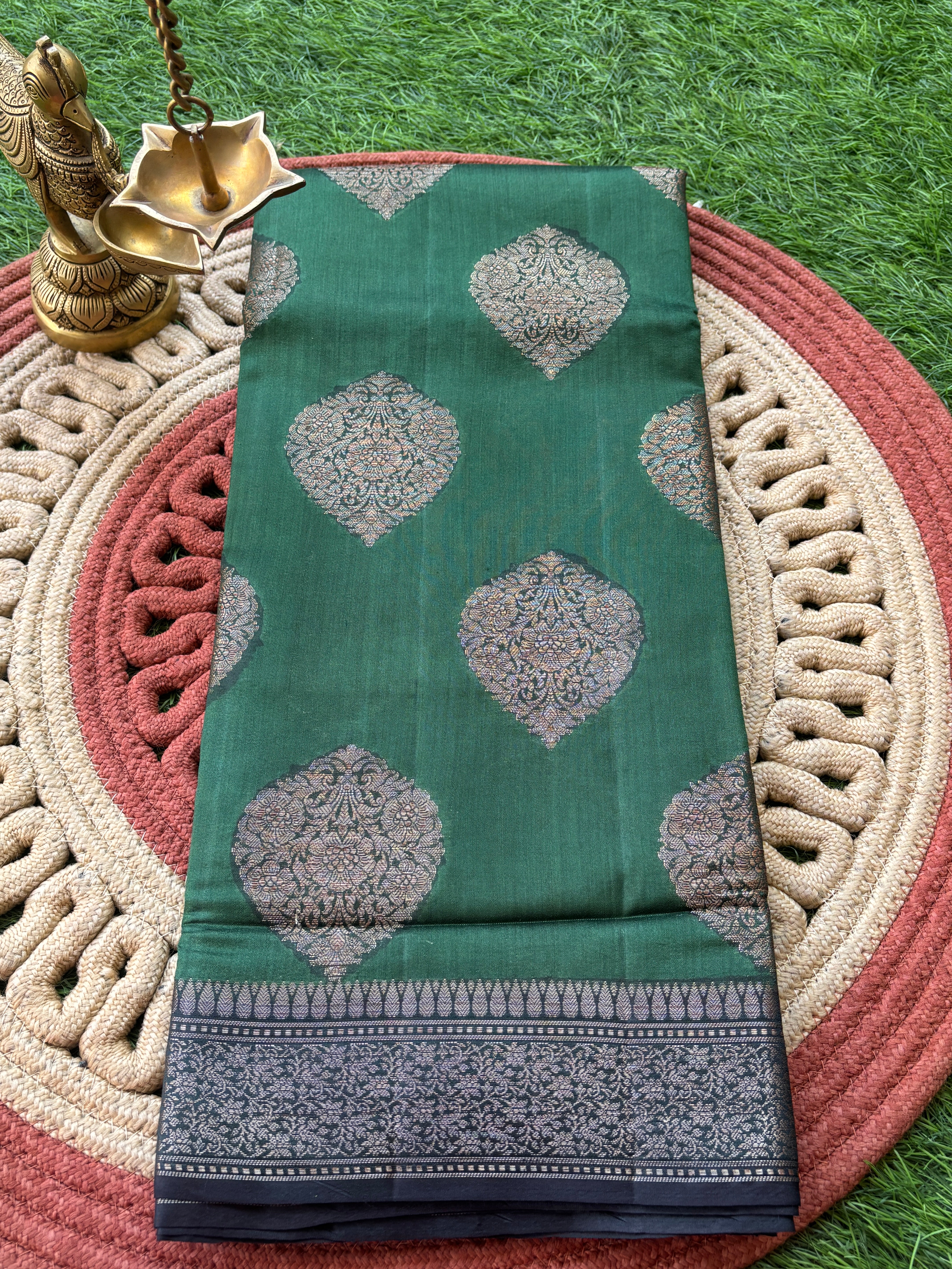 Pure Tussar Silk Bright Bottle Green Saree with Black Zari Woven Border and Brocade Blouse