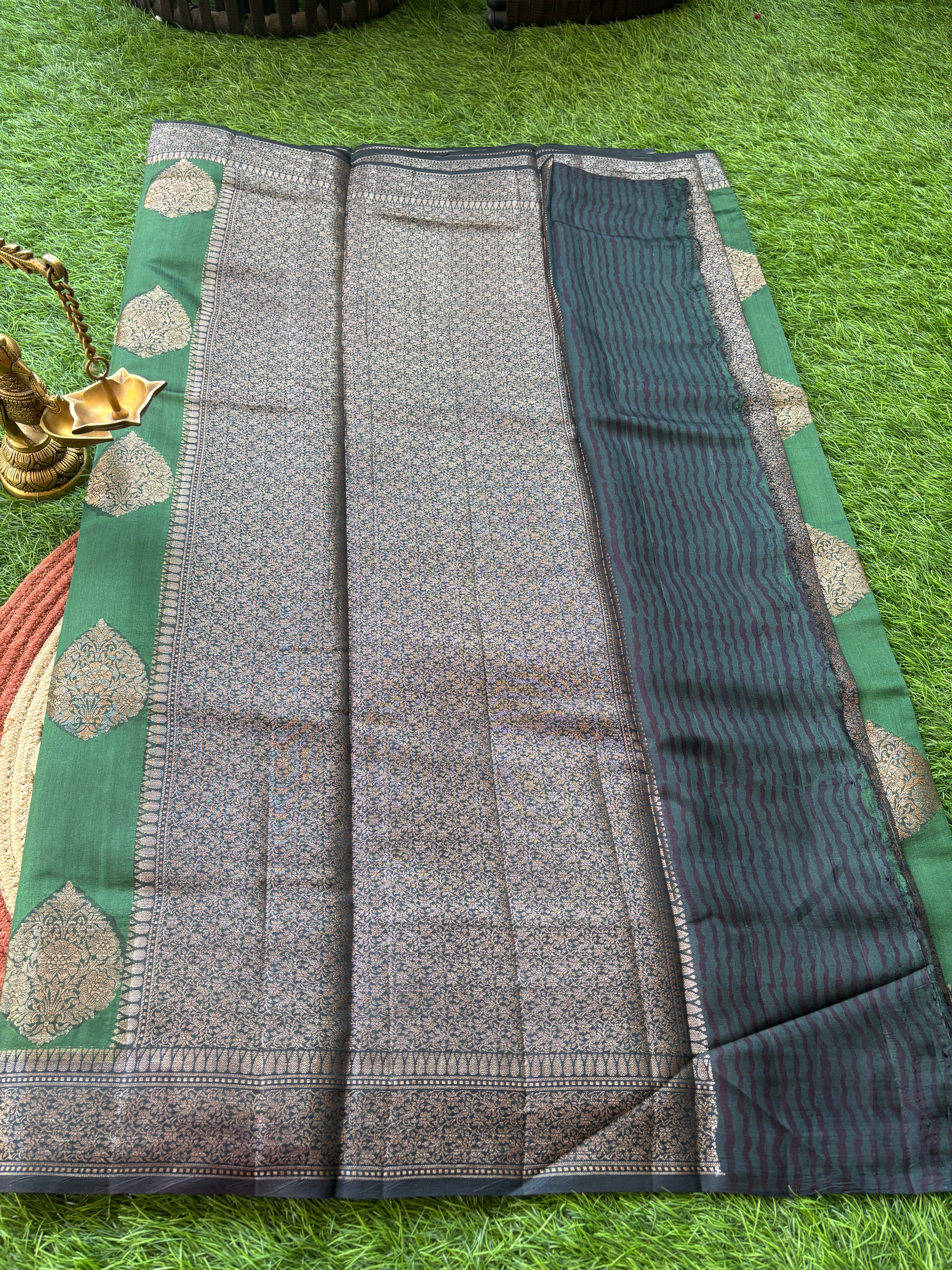 Pure Tussar Silk Bright Bottle Green Saree with Black Zari Woven Border and Brocade Blouse