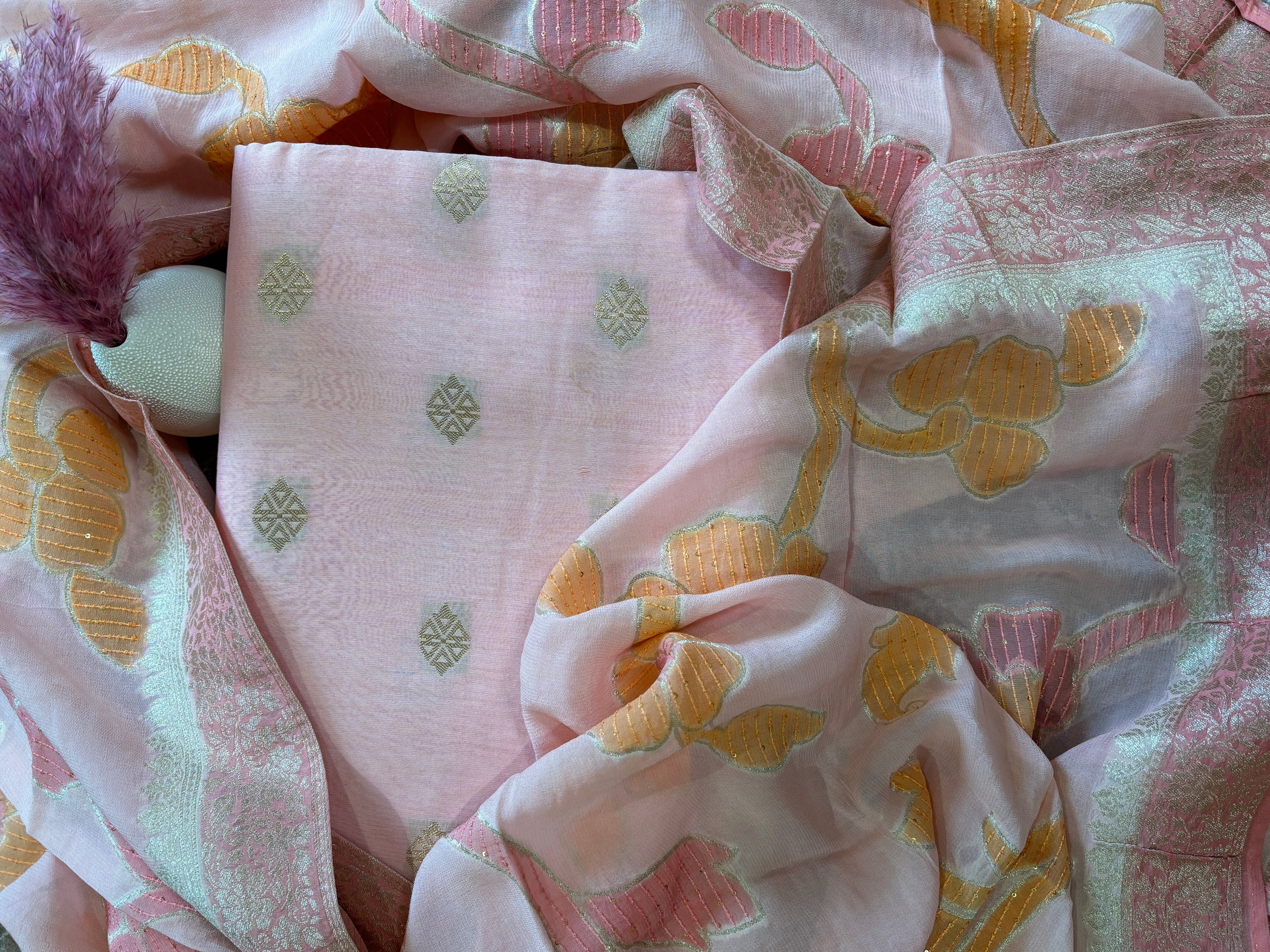 Pure Georgette Silk Baby Pink Banarasi Suit Material with  Georgette Dupatta with sequence work