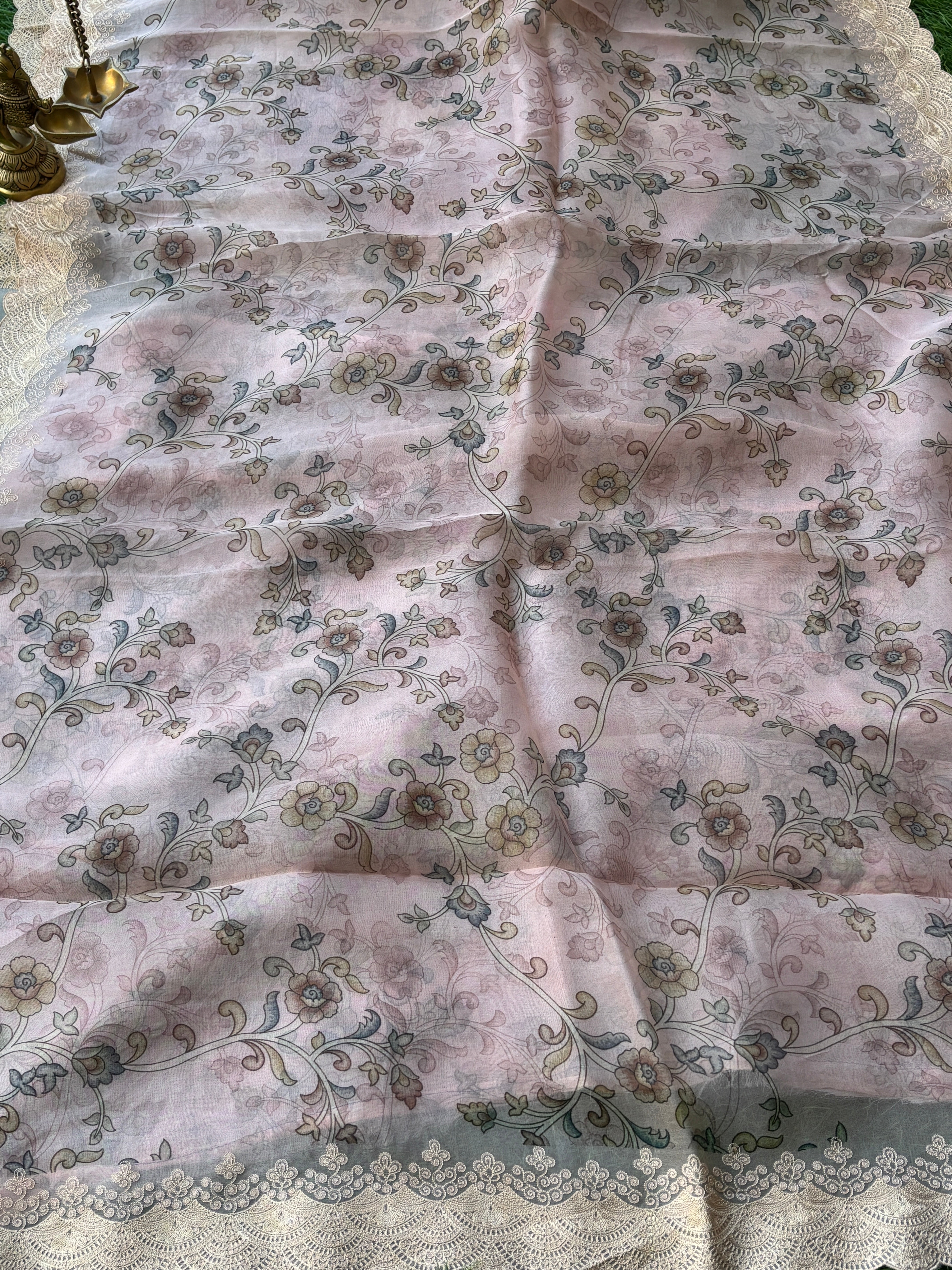 Pastel Pink Pure Organza Digital Printed Saree with Floral Print & Cutwork Border