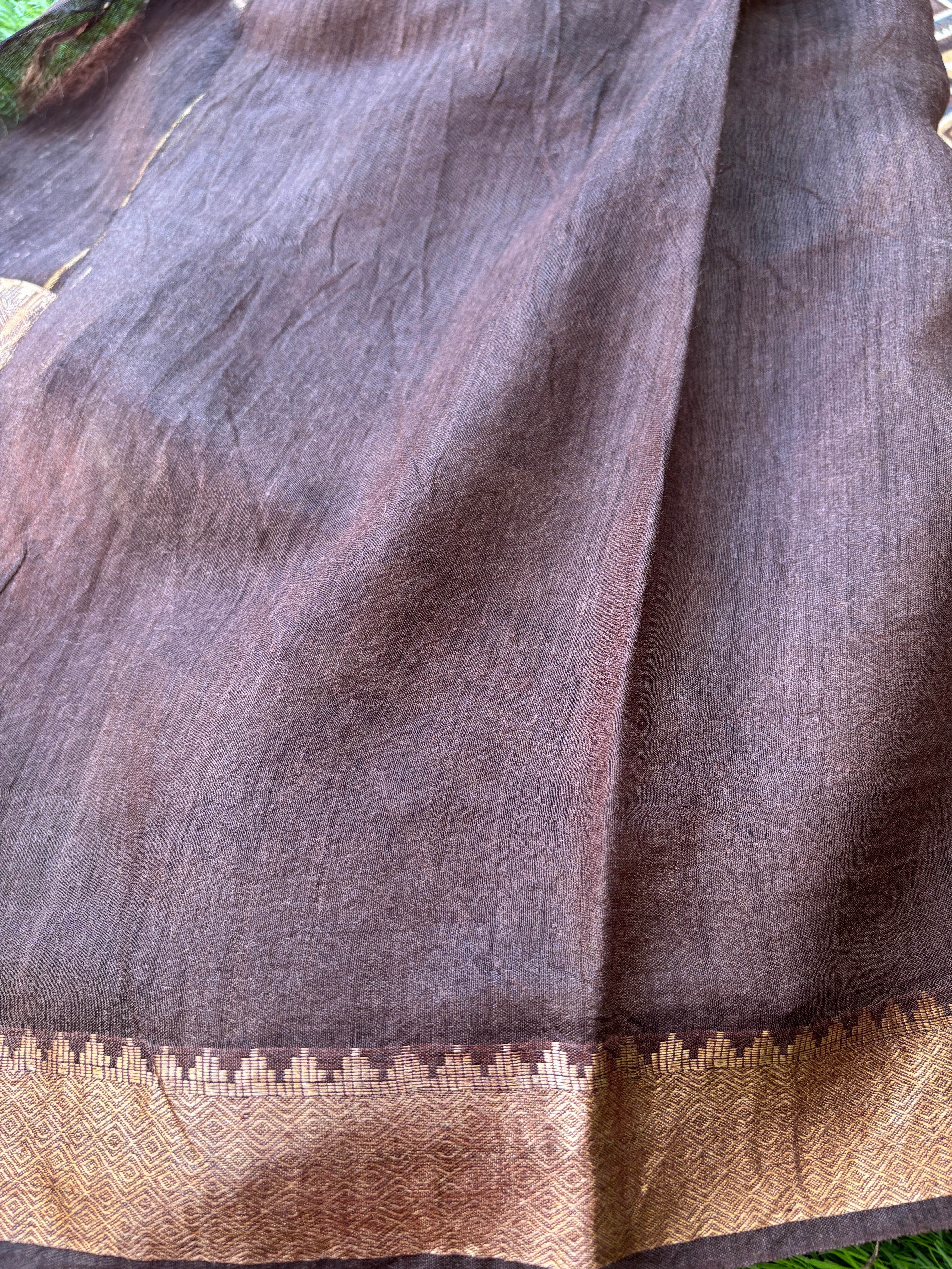 Brown Pure Tussar Silk Saree with Allover Geometric Print | Chandrika Lifestyles