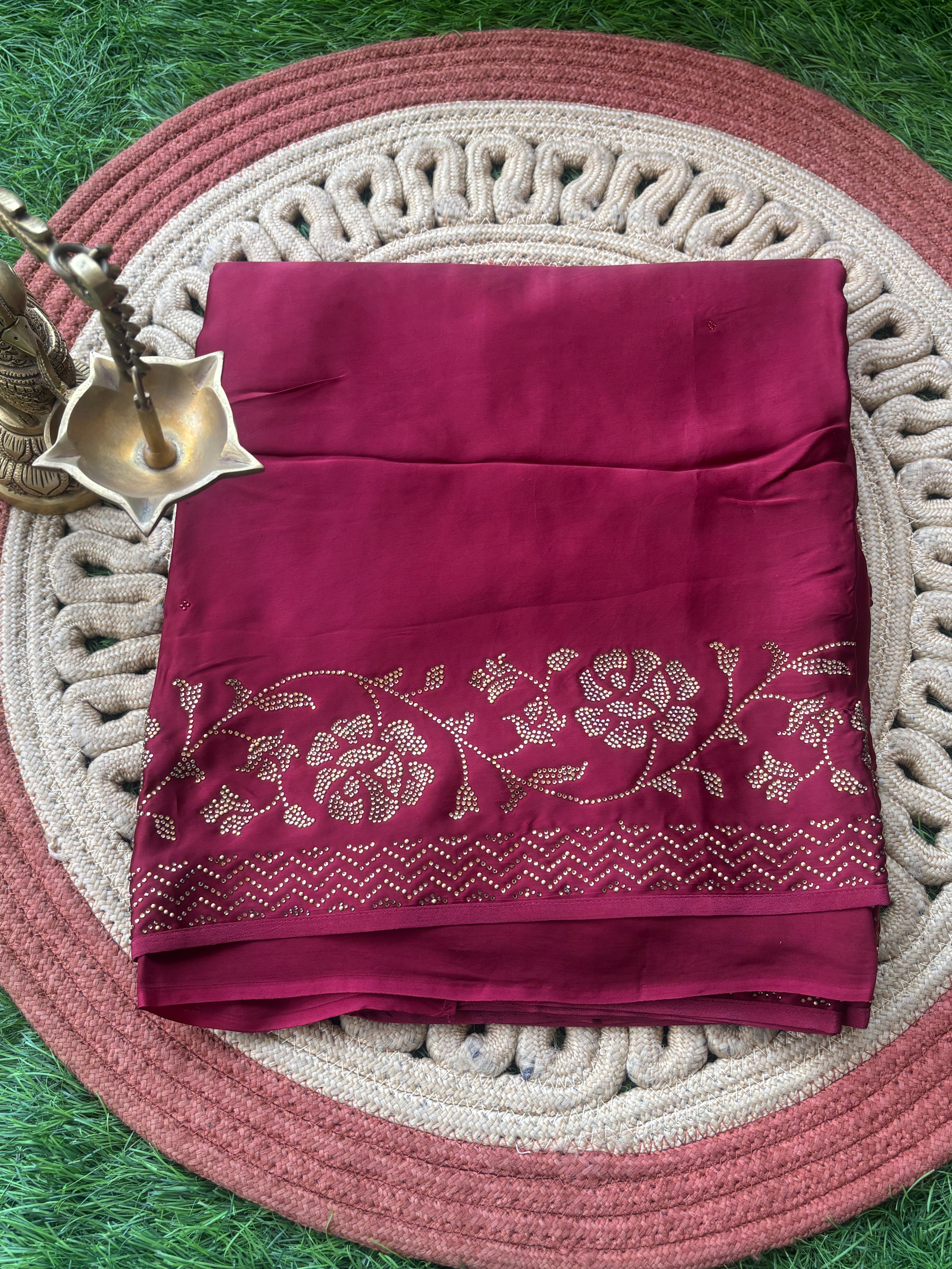 Dark Maroon Satin Silk Saree with Lotus Design | Elegant Festive Saree | Chandrika Lifestyles
