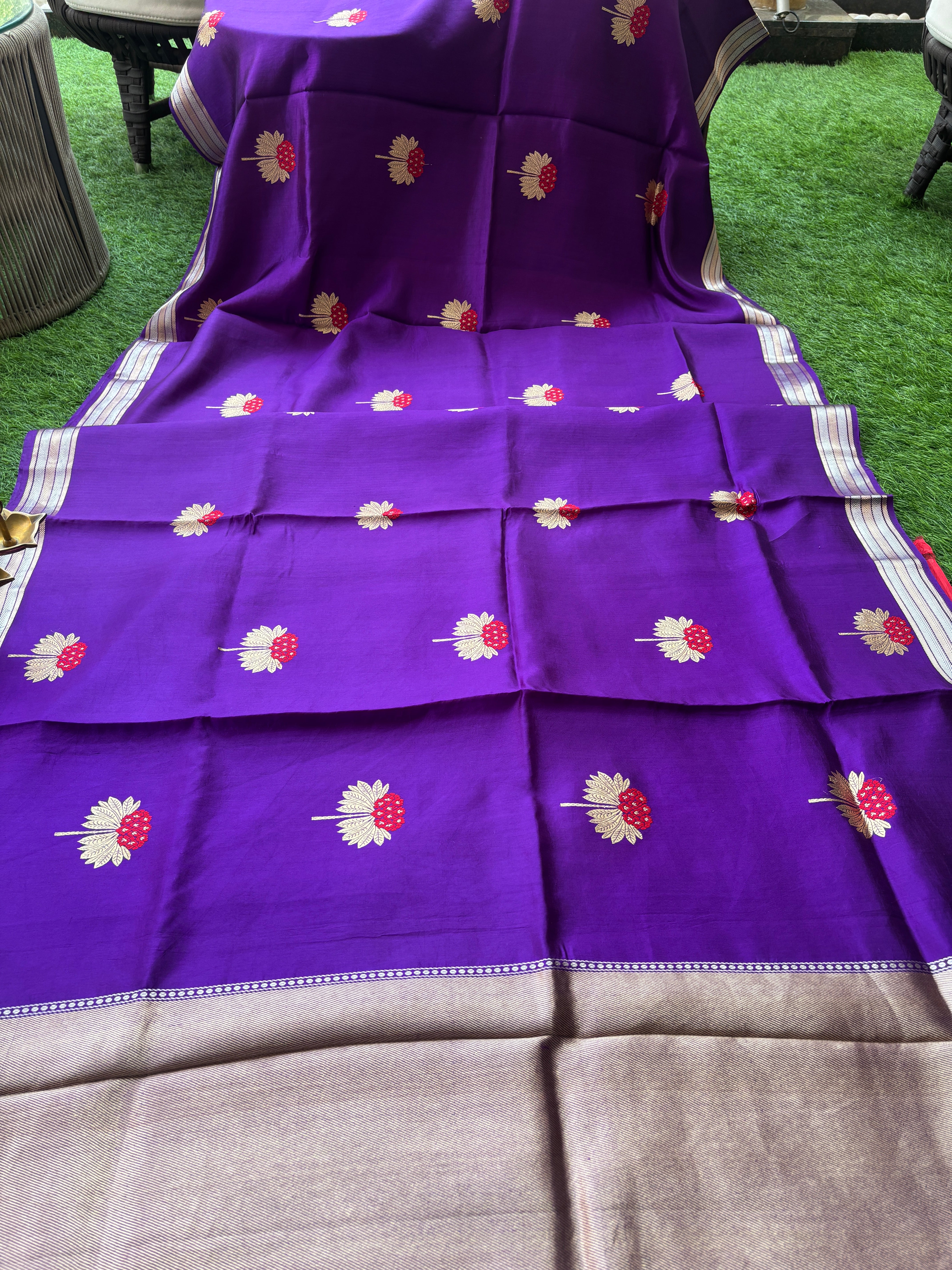 Royal Purple Pure Silk Banarasi Saree with Red Blouse & Golden Zari Floral Motifs | Chandrika Lifestyles