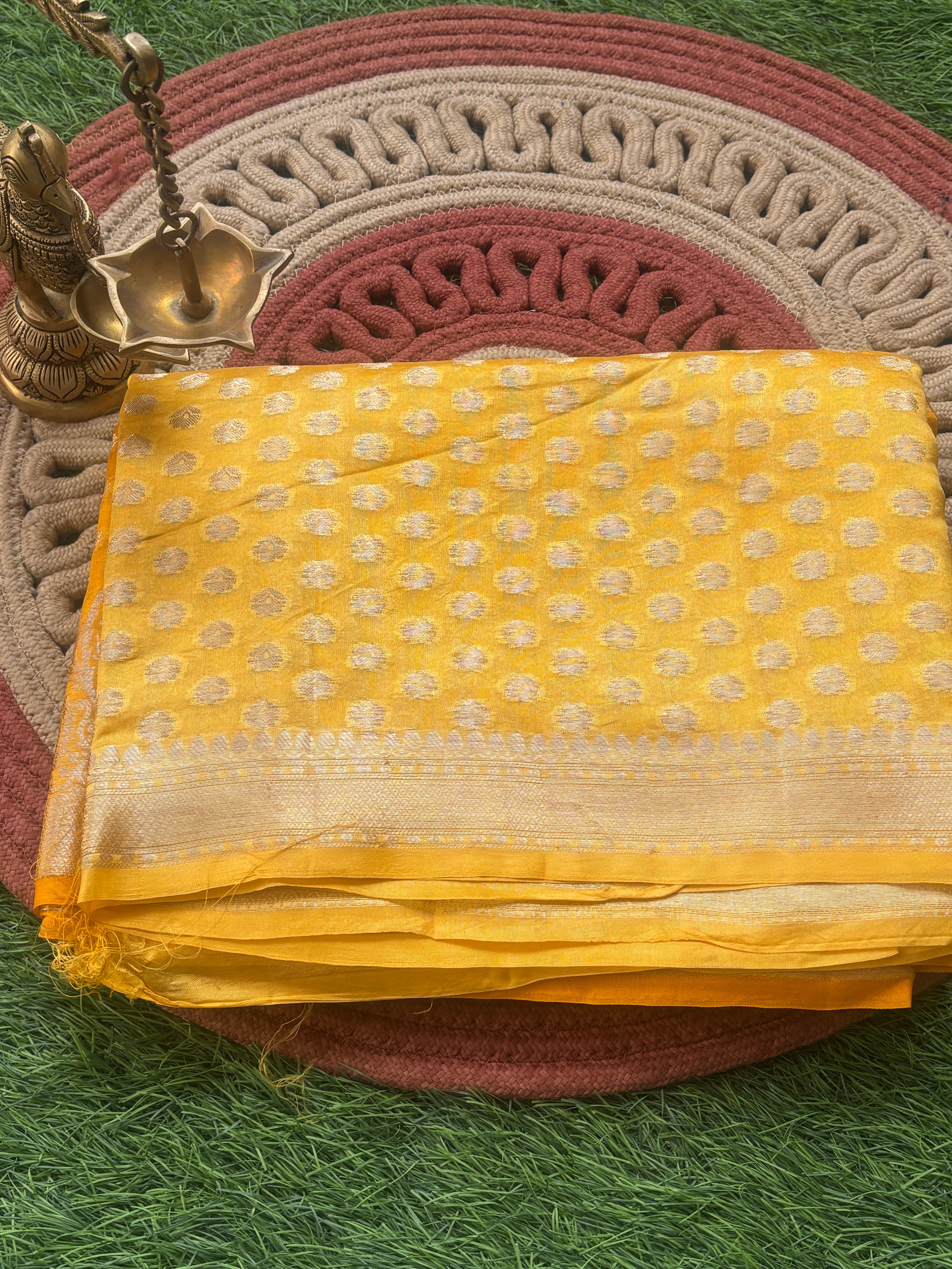 Mango Yellow Pure Dupion Silk Saree with Allover Zari Butta & Zari Border | Chandrika Lifestyles